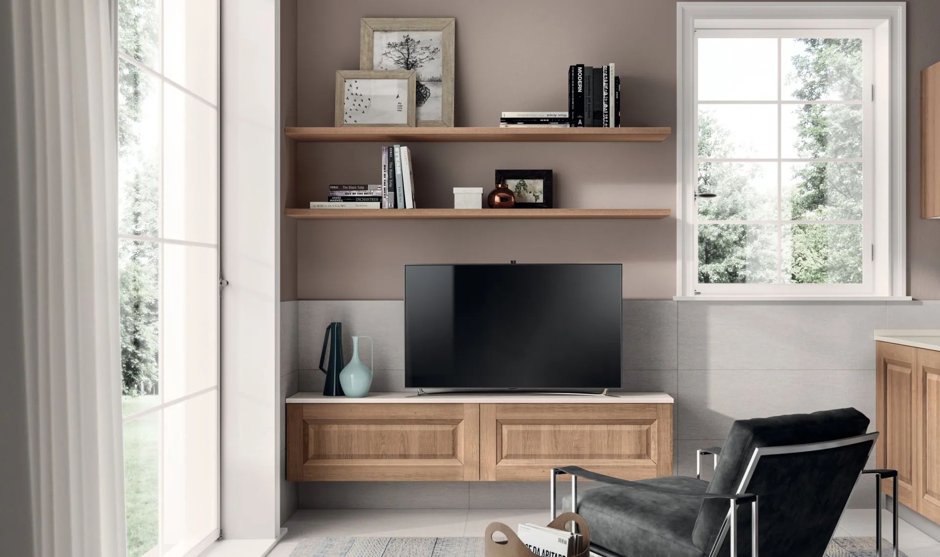 Soggiorno Easy Scavolini con basi a telaio in Rovere Azteco, televisore e mensole in legno