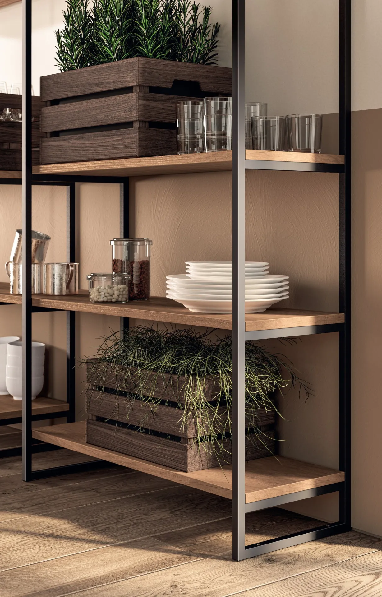 Soggiorno Easy Scavolini con libreria Sistema Parete Metro in metallo nero e ripiani in legno