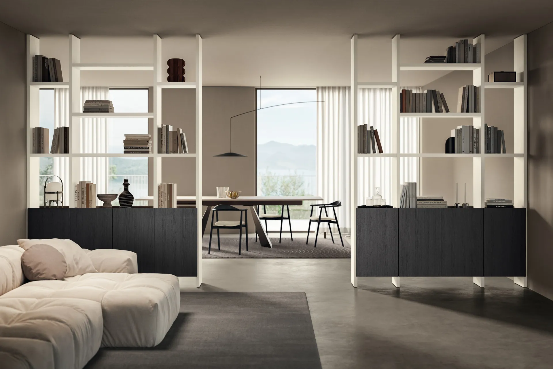 Soggiorno Essenza Scavolini con librerie Fluida bianche a divisorio e basi scure in Quercia Brownie