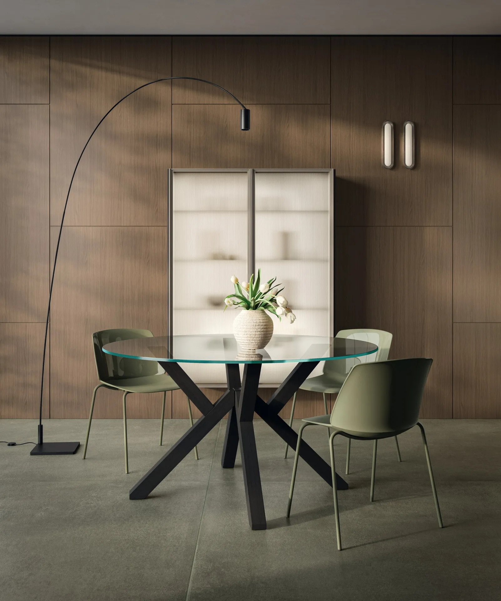 Soggiorno Essenza Scavolini con parete in legno, vetrina con anta in vetro e tavolo rotondo