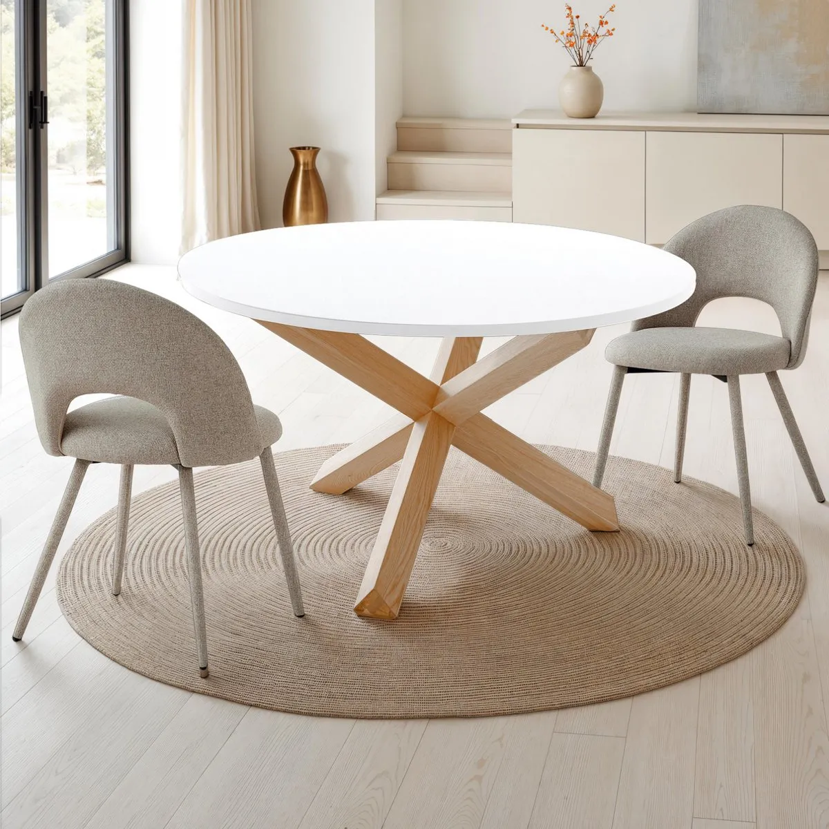 Tavolo rotondo New Frisia Tomasucci bianco con gambe incrociate in rovere