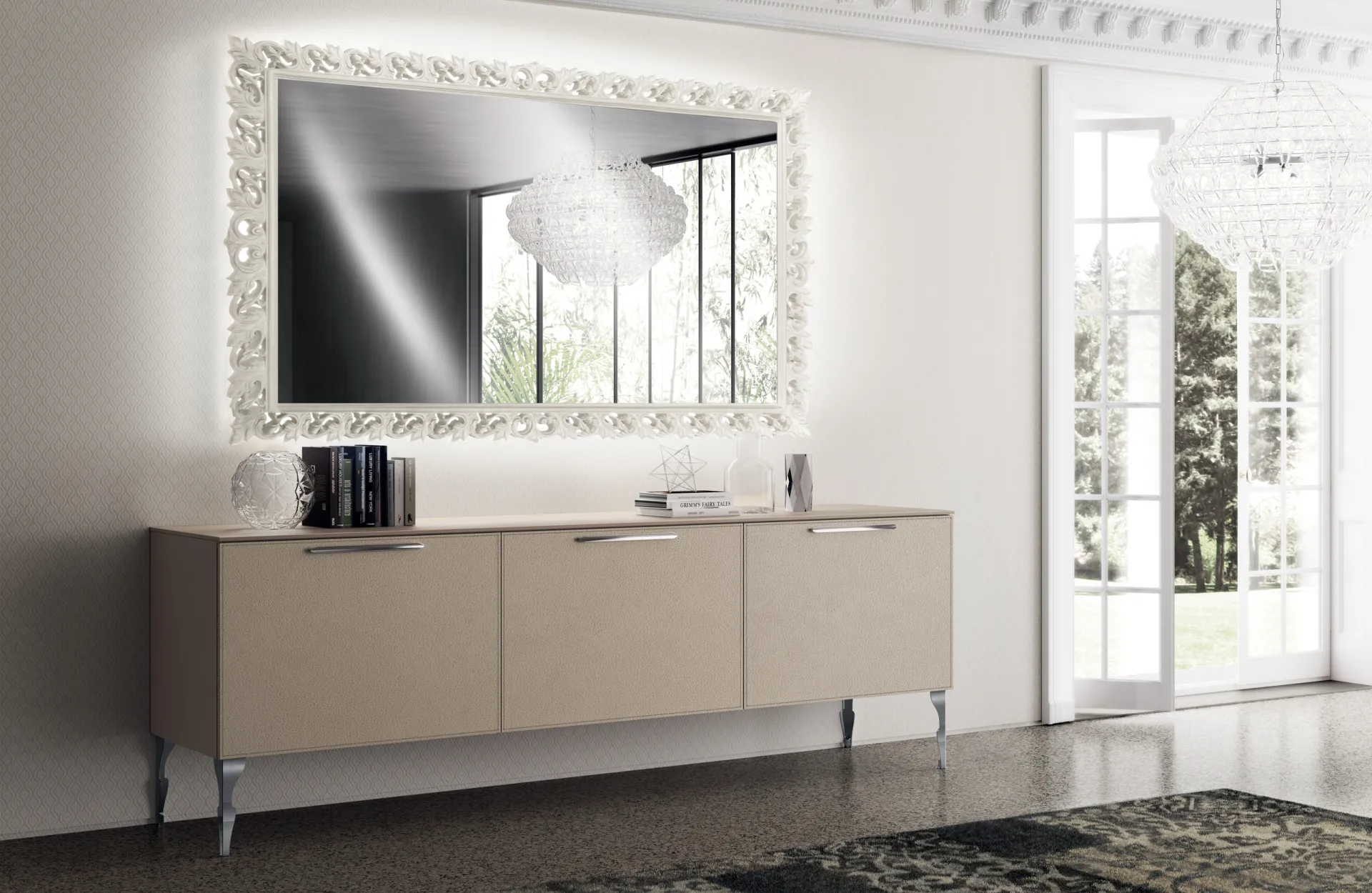Soggiorno Exclusiva Scavolini con madia in pelle Grigio Perla su gambe cromate e specchiera Luxury bianca