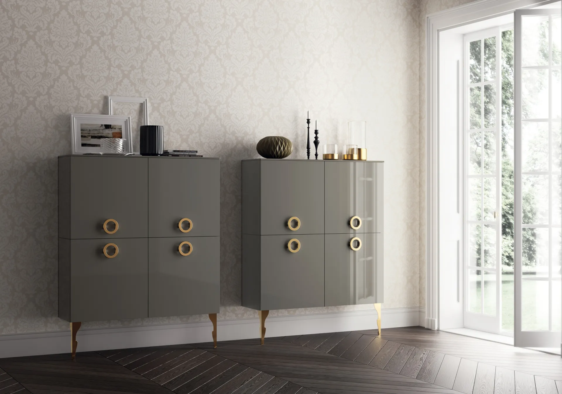 Soggiorno Exclusiva Scavolini con due mobili in laccato lucido Grigio Titanio, maniglie tonde e gambe oro