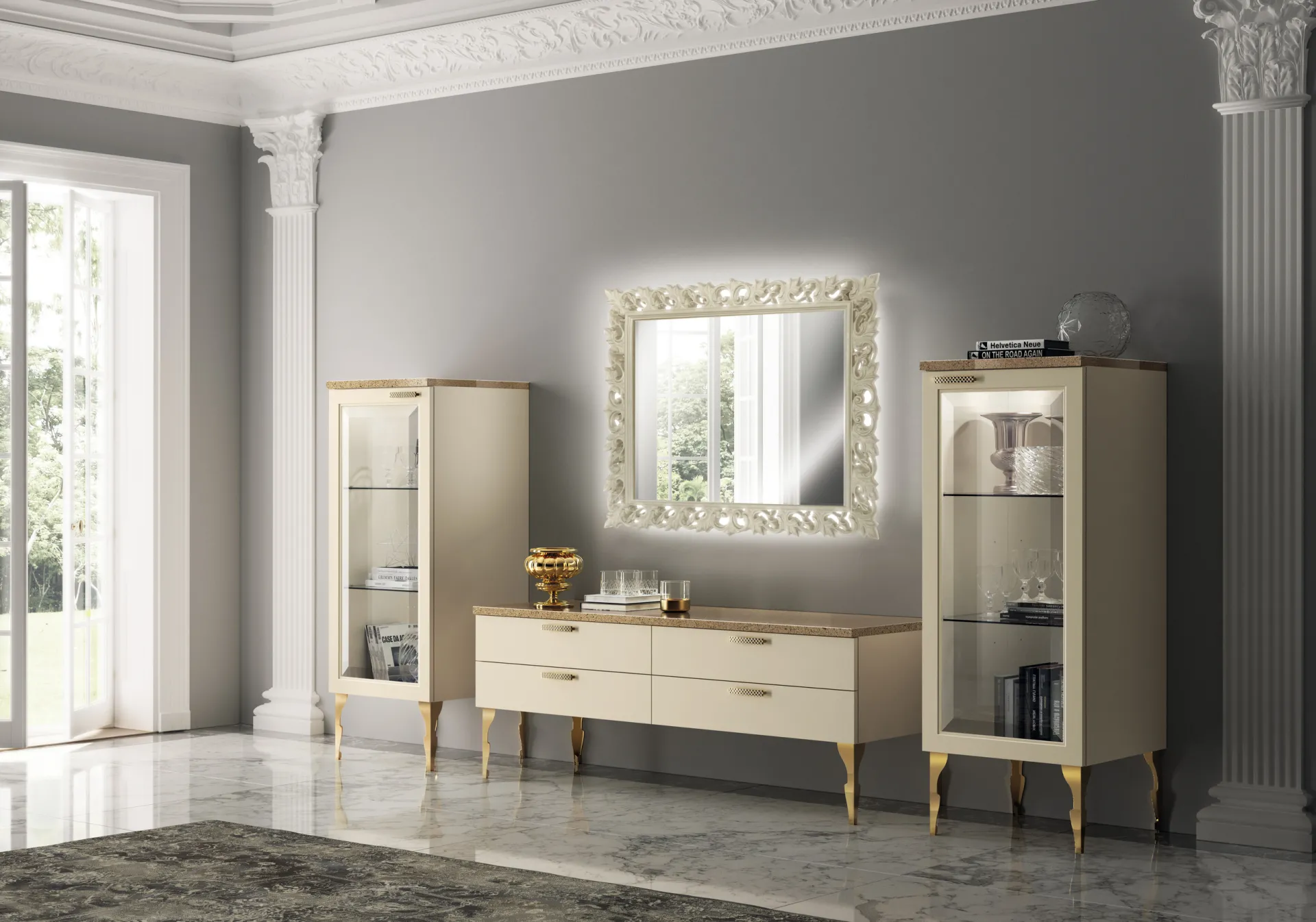 Soggiorno Exclusiva Scavolini in laccato Beige con vetrine, piedini oro e specchiera luminosa