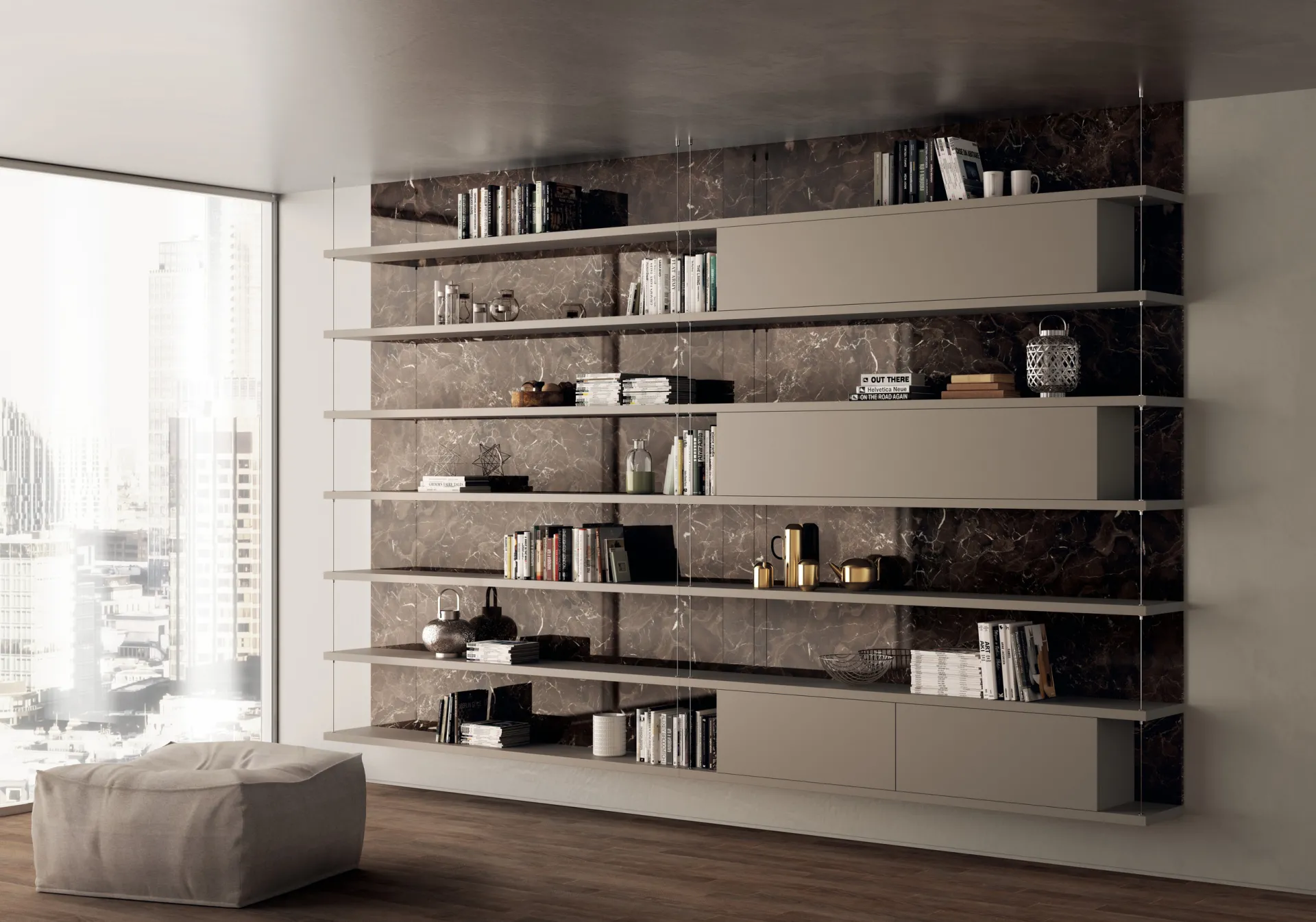 Soggiorno Exclusiva Scavolini con schienale in marmo Emperador e mensole laccate Visone