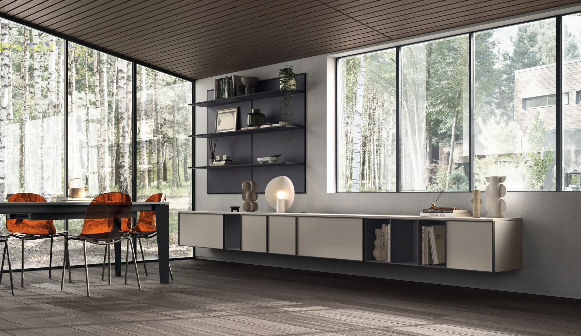 Soggiorno Jeometrica Scavolini con basi sospese Soft Beige, vani a giorno e mensole a parete accanto alle vetrate