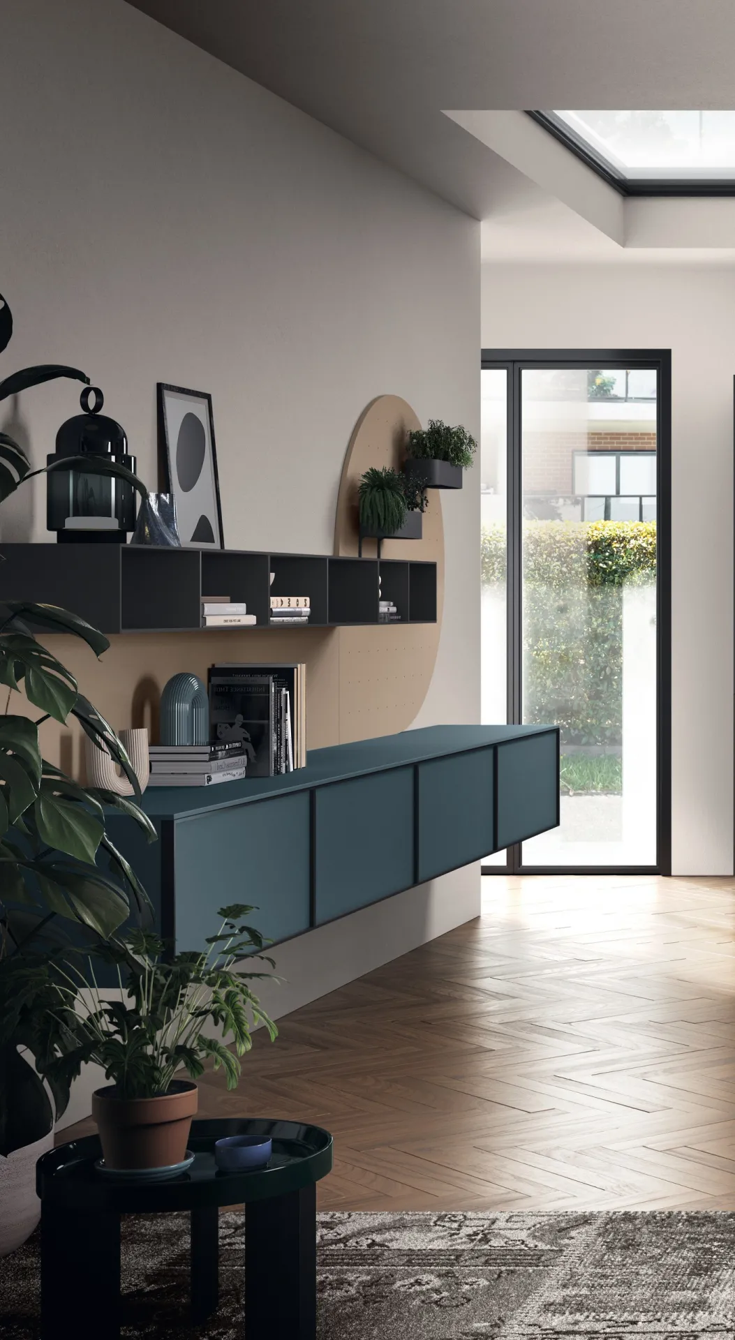 Soggiorno Jeometrica Scavolini con basi sospese Verde Ottanio, schienale a cerchio forato e scatole a giorno nere