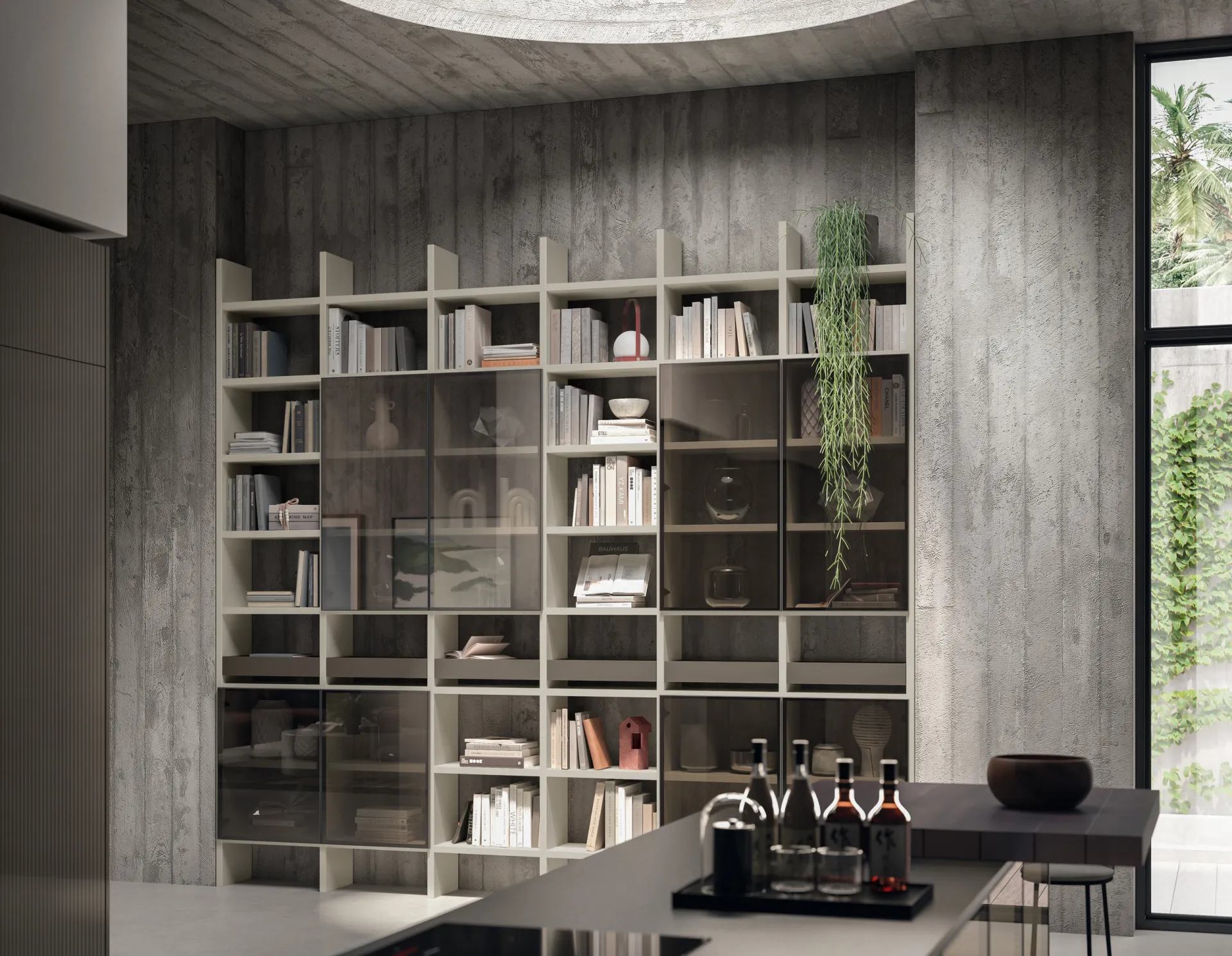 Soggiorno Libra Scavolini con libreria Sistema Parete Fluida a tutta altezza, ante in vetro e cassetti Cuvée