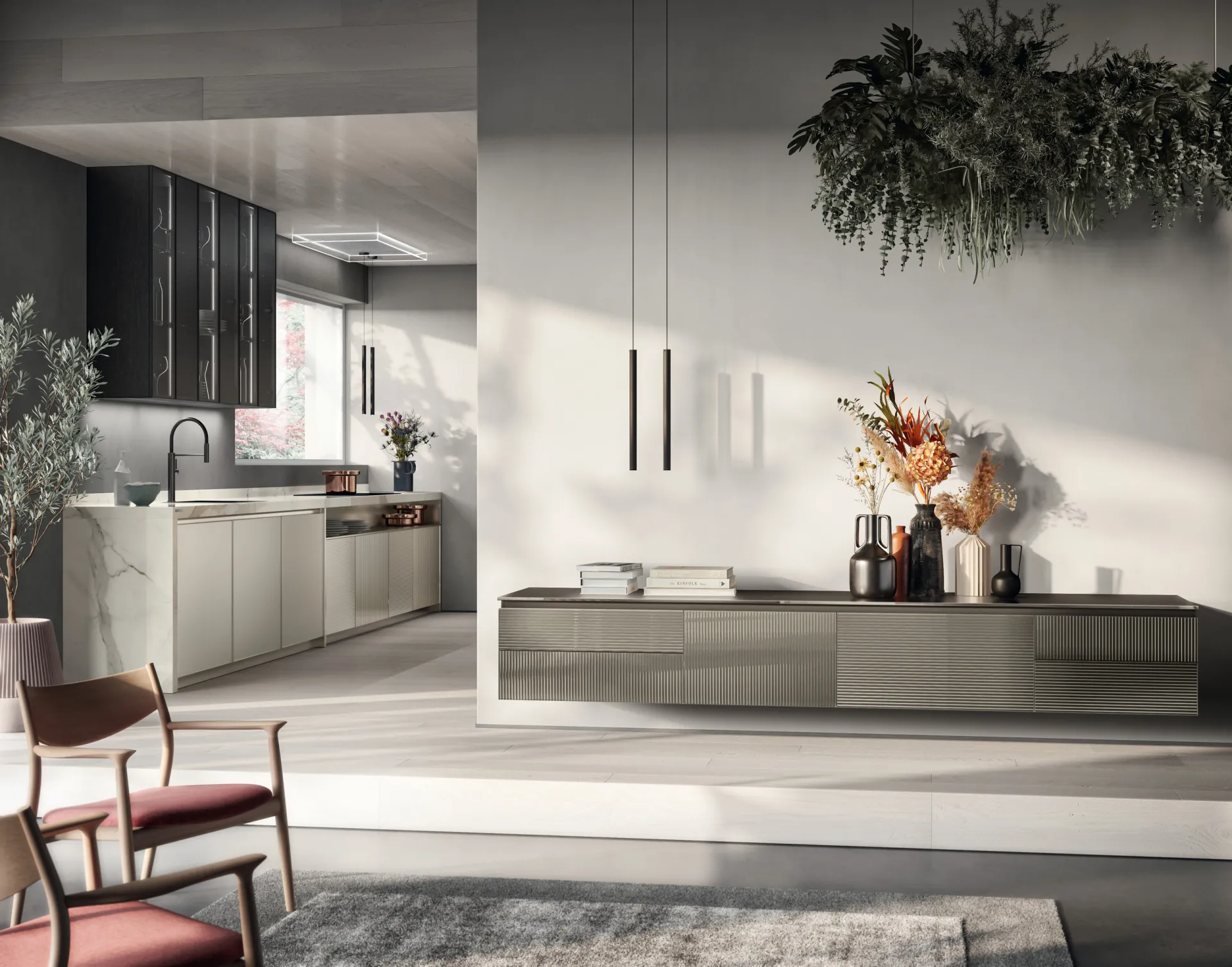 Soggiorno Libra Scavolini con base sospesa in vetro dogato Cuvée accanto alla cucina