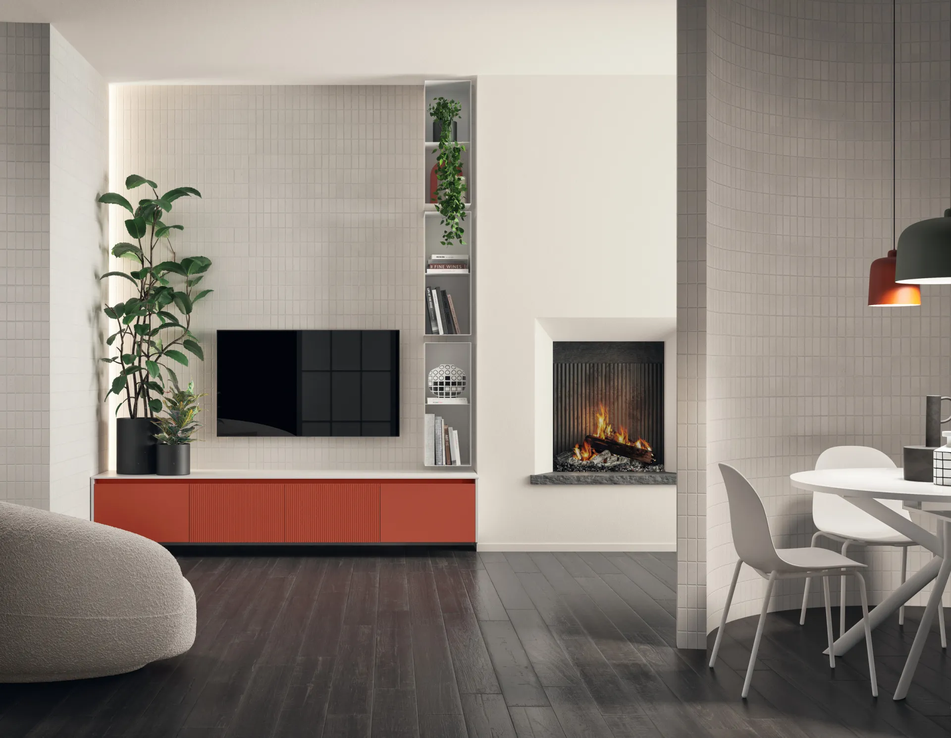 Soggiorno Libra Scavolini con base sospesa Rosso Marocco, televisore a parete e camino