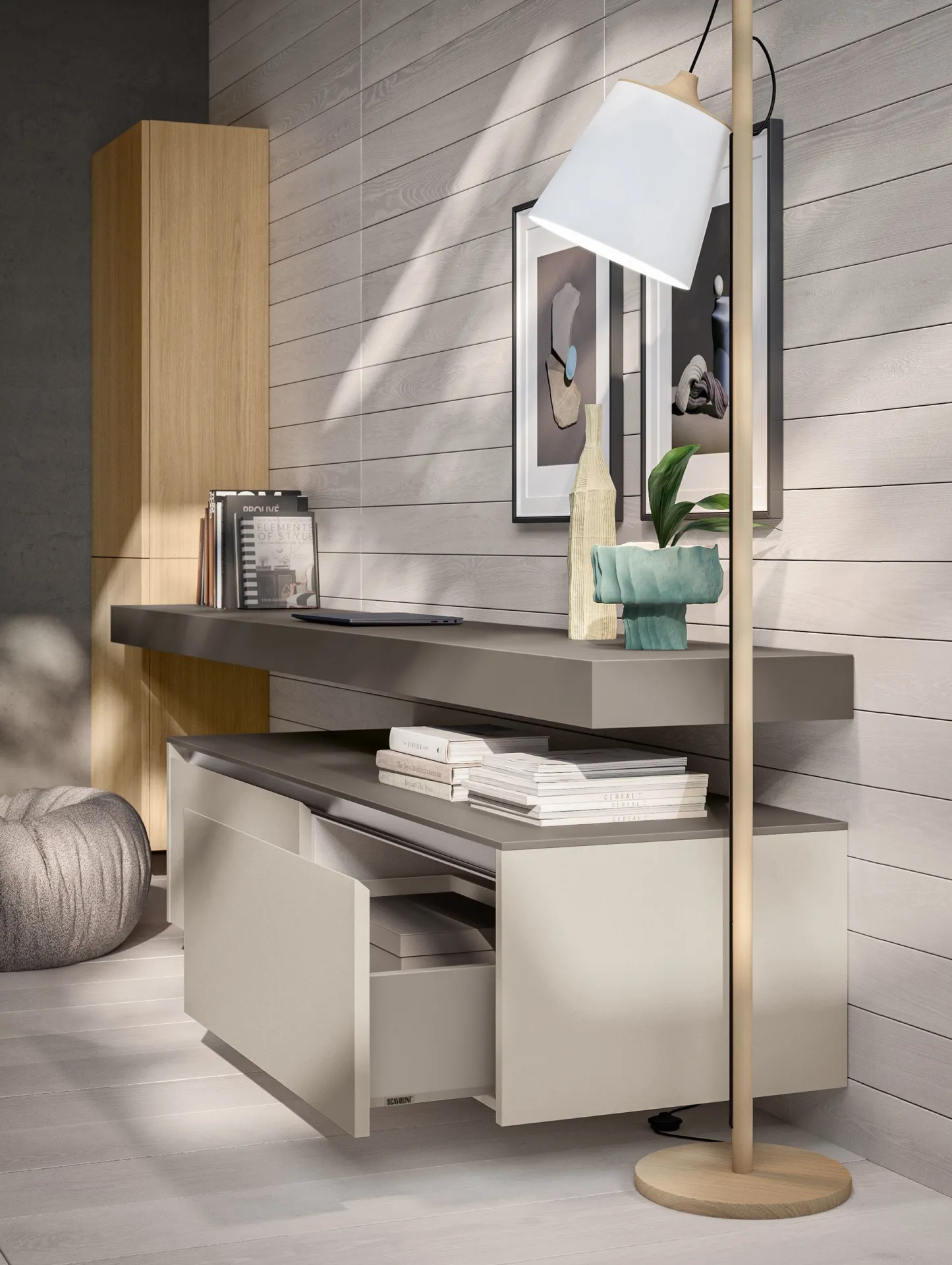 Soggiorno Lumina Scavolini con base sospesa a cassetto aperto, piano sospeso e colonna effetto rovere