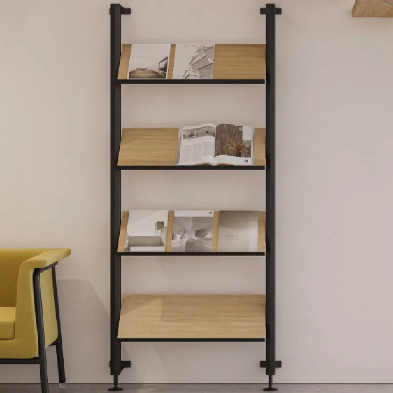 Libreria Walls Unisit nera a soffitto con mensole in legno chiaro