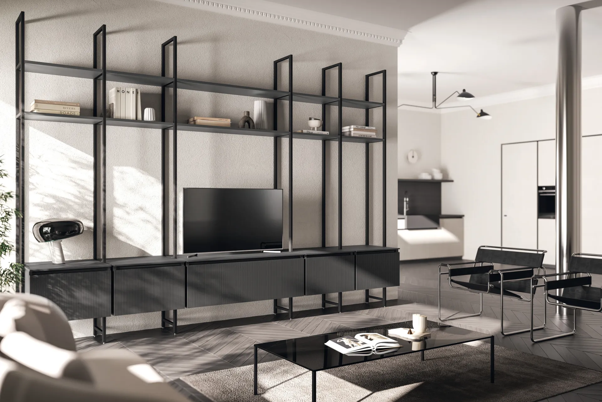Soggiorno Mira Scavolini con basi dogate Grigio Ferro e libreria Sistema Parete Status nera a tutta altezza