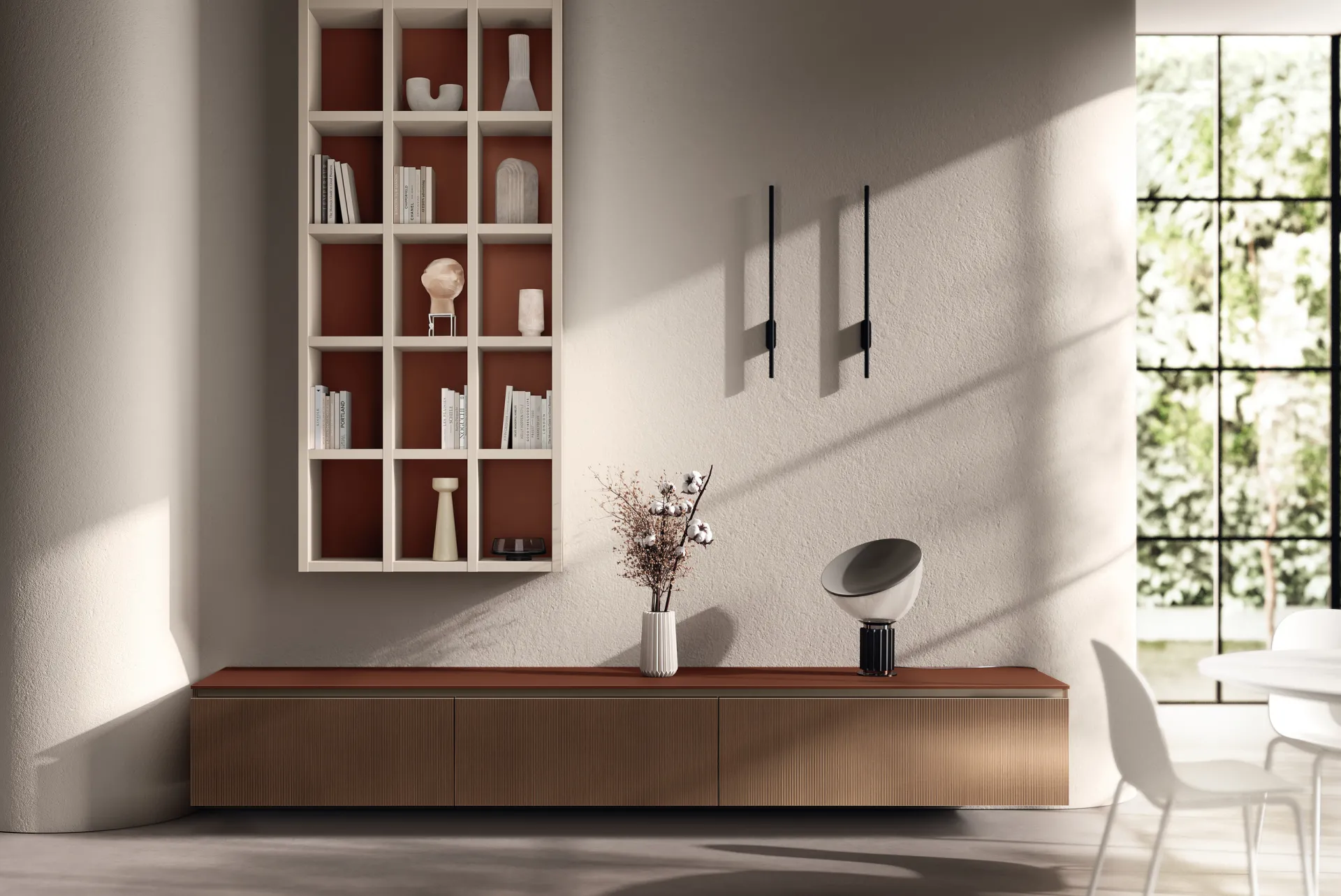 Soggiorno Mira Scavolini con base sospesa effetto rovere Cottage e libreria a giorno con fondo Ruggine
