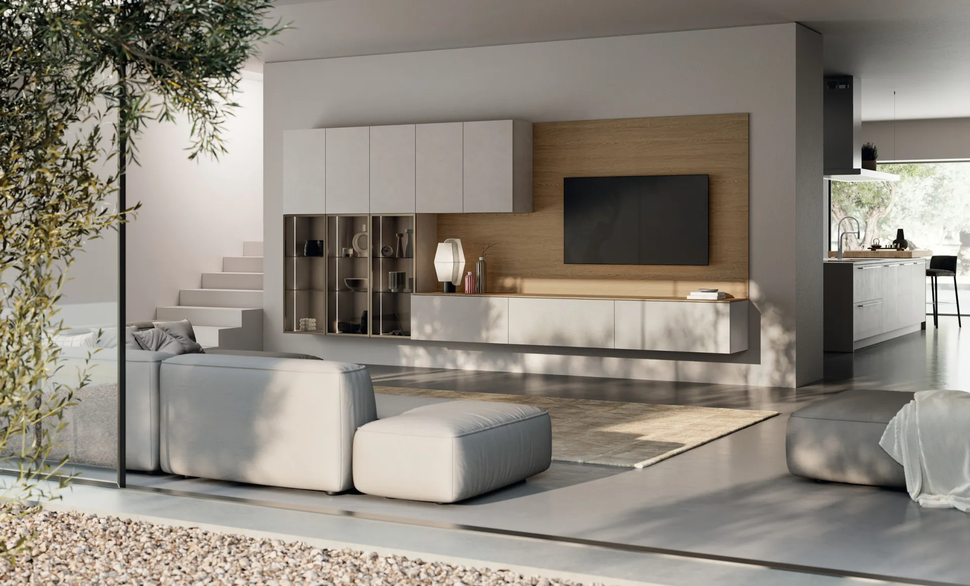 Soggiorno Moda Scavolini con pensili Air Box in vetro bronzo, pannello effetto legno e basi chiare in un open space