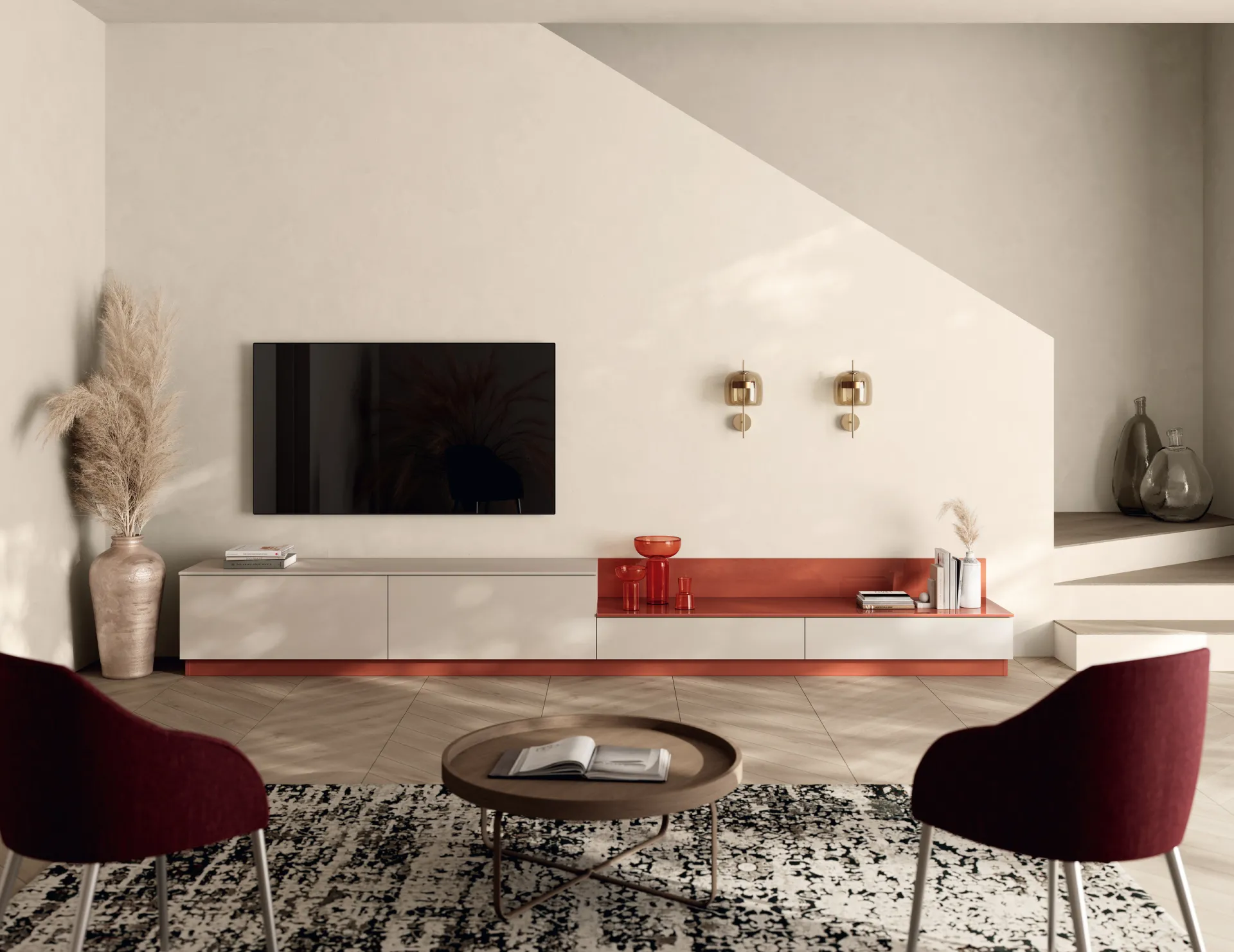Soggiorno Moda Scavolini con basi in decorativo Canapa e piani laccati Mattone sotto il televisore