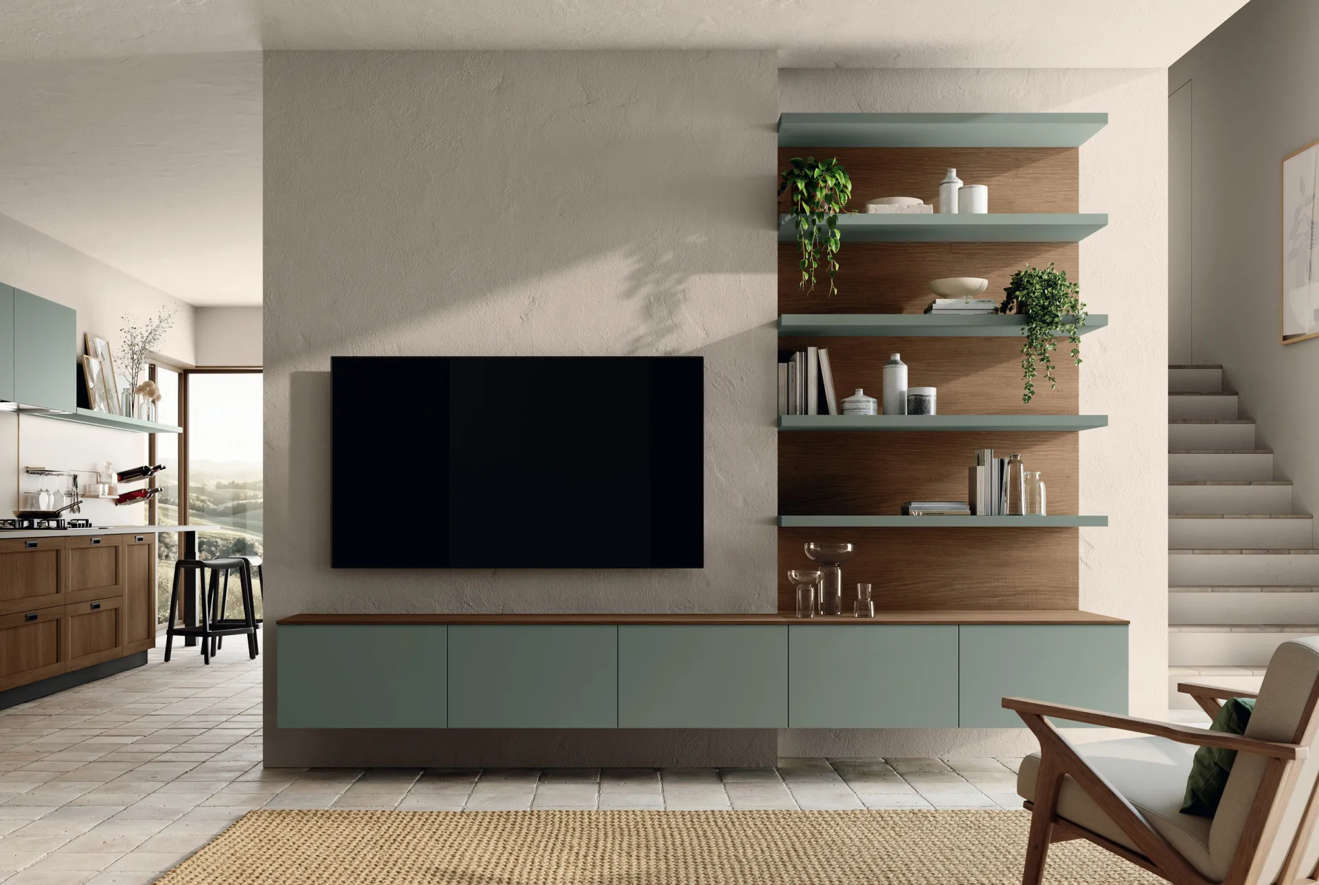 Soggiorno Moda Scavolini con mensole verde Selva su schienale effetto rovere e basi sospese verdi