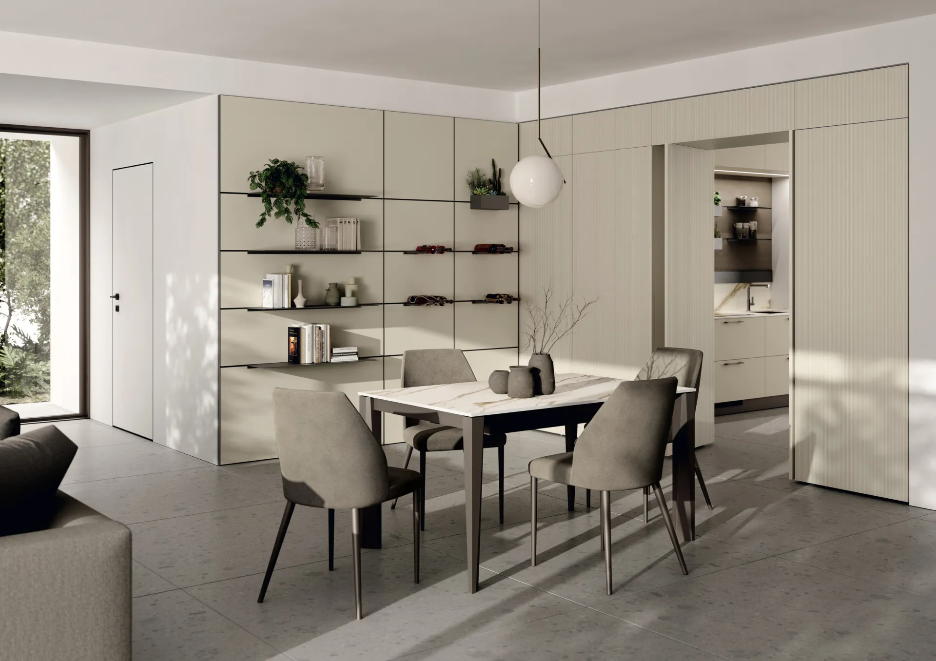 Soggiorno Moda Scavolini con pannellature in laminato Strips e mensole Line System accanto al tavolo da pranzo