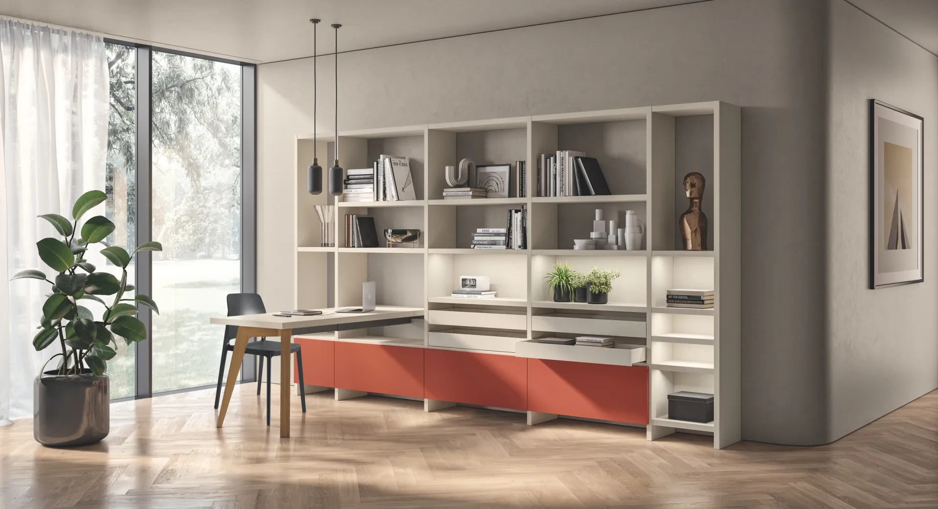 Soggiorno Motus Scavolini con libreria Fluida Grigio Gabbiano, ante Rosso Marocco e piano tavolo in legno