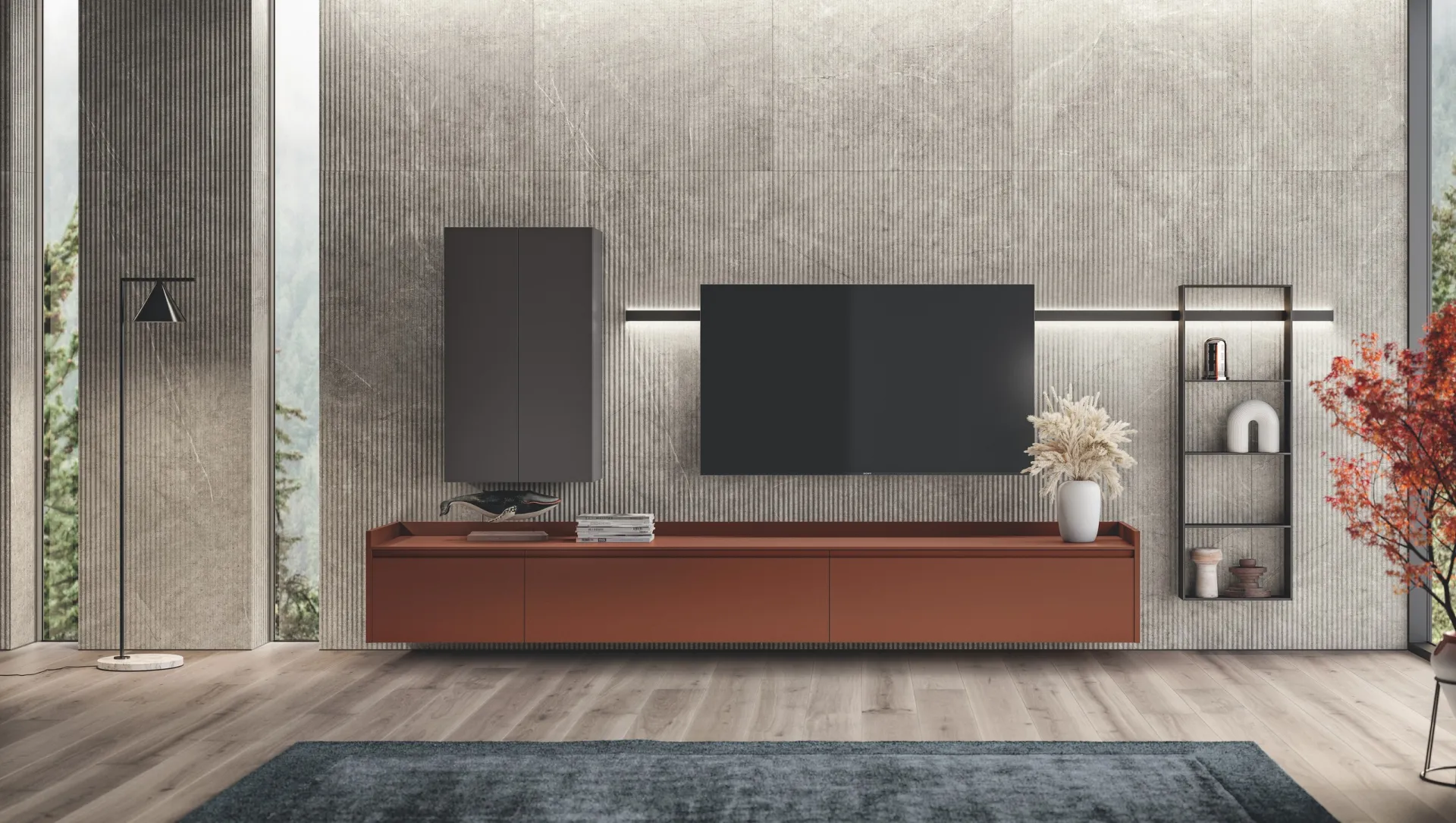 Soggiorno Motus Scavolini con base sospesa color Ruggine, televisore a parete e pensile Grigio Ferro