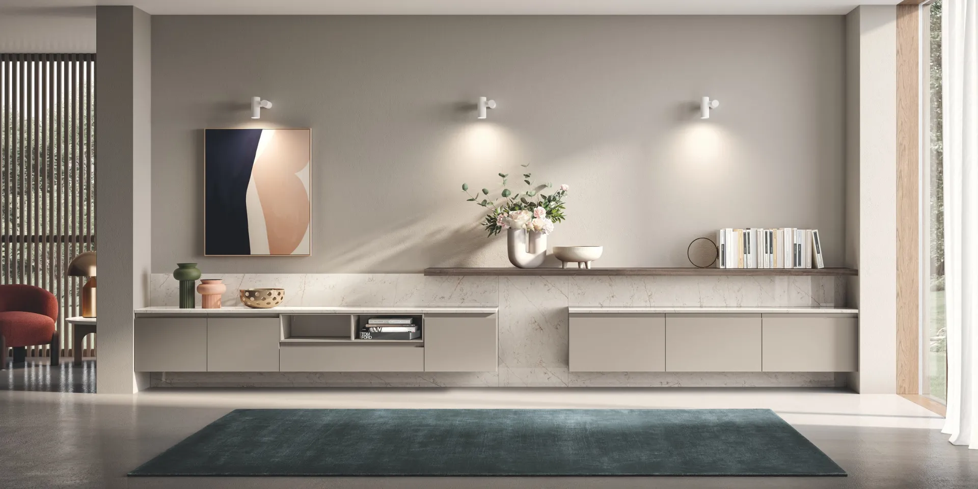 Soggiorno Motus Scavolini con basi sospese in laccato Visone e lunga mensola in Noce Garden
