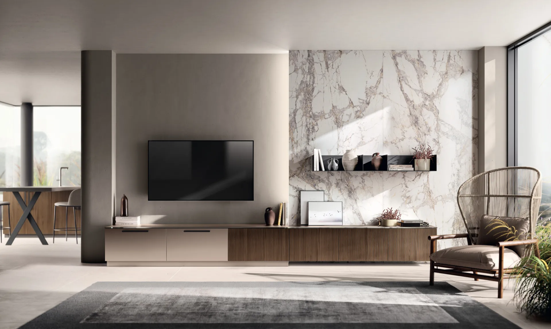 Soggiorno Musa Scavolini con parete TV, basi in rovere dogato e laccato perlato ed elementi a giorno in metallo