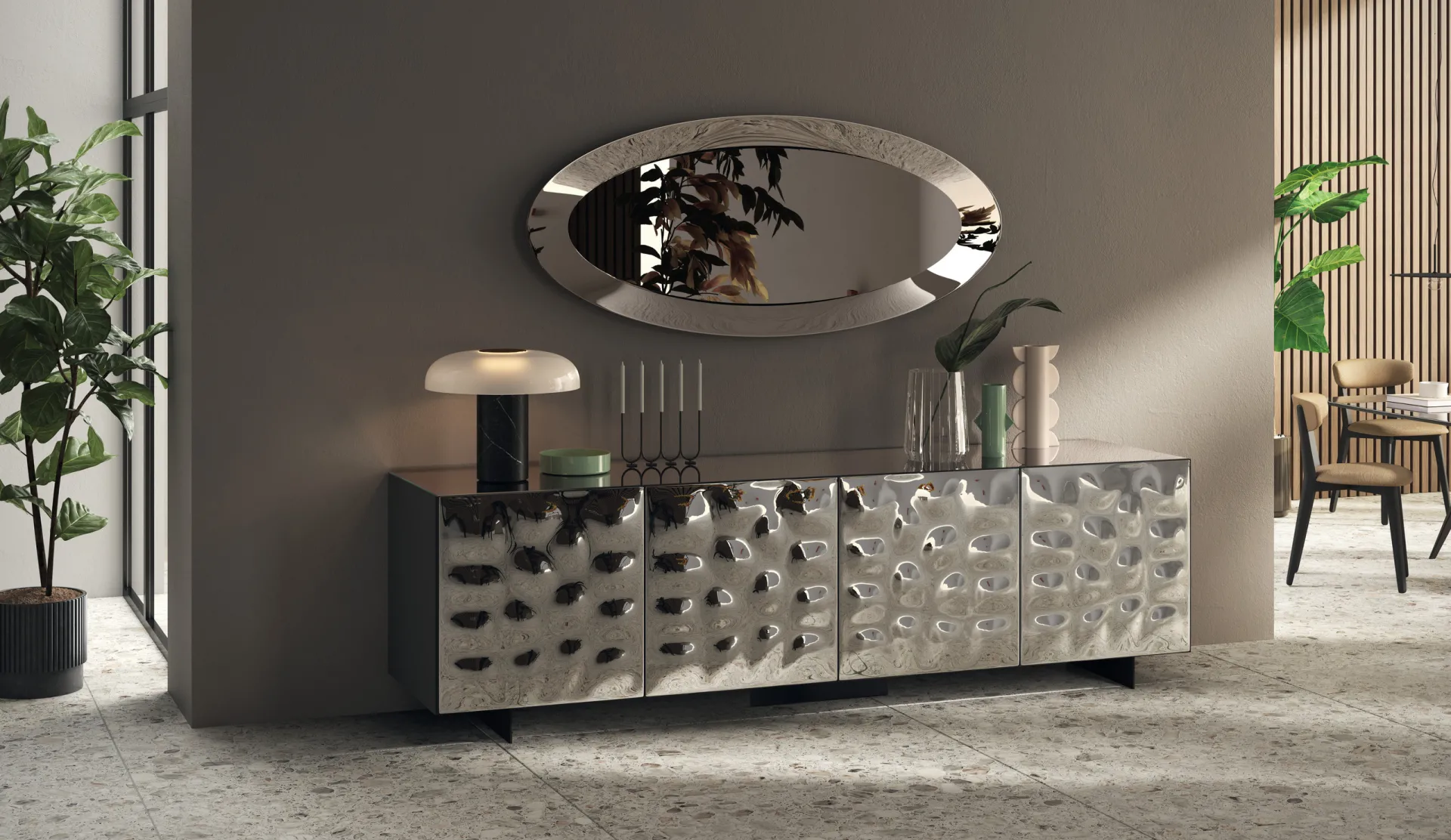 Madia Sideboard Scavolini con ante in vetro specchiato Glow Fumè Illusion e specchiera Eye ovale