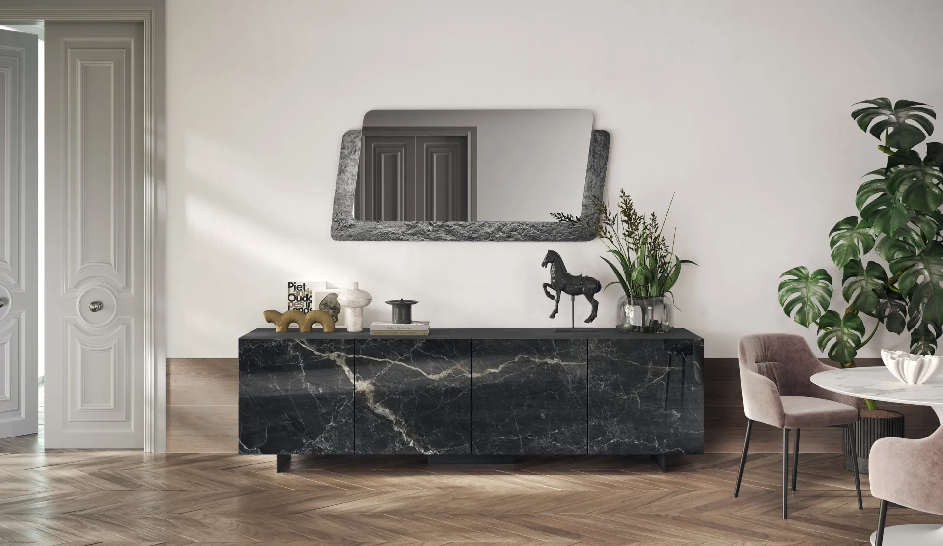 Madia Sideboard Scavolini con ante in vetro Opera effetto Marmo Nero Rigato e specchiera Window