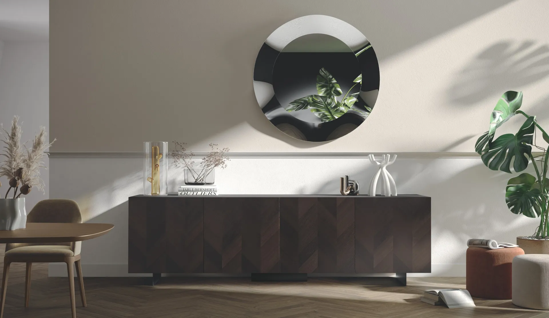 Madia Sideboard Scavolini con ante impiallacciate Sherwood in finitura Plug e specchiera tonda Dancer