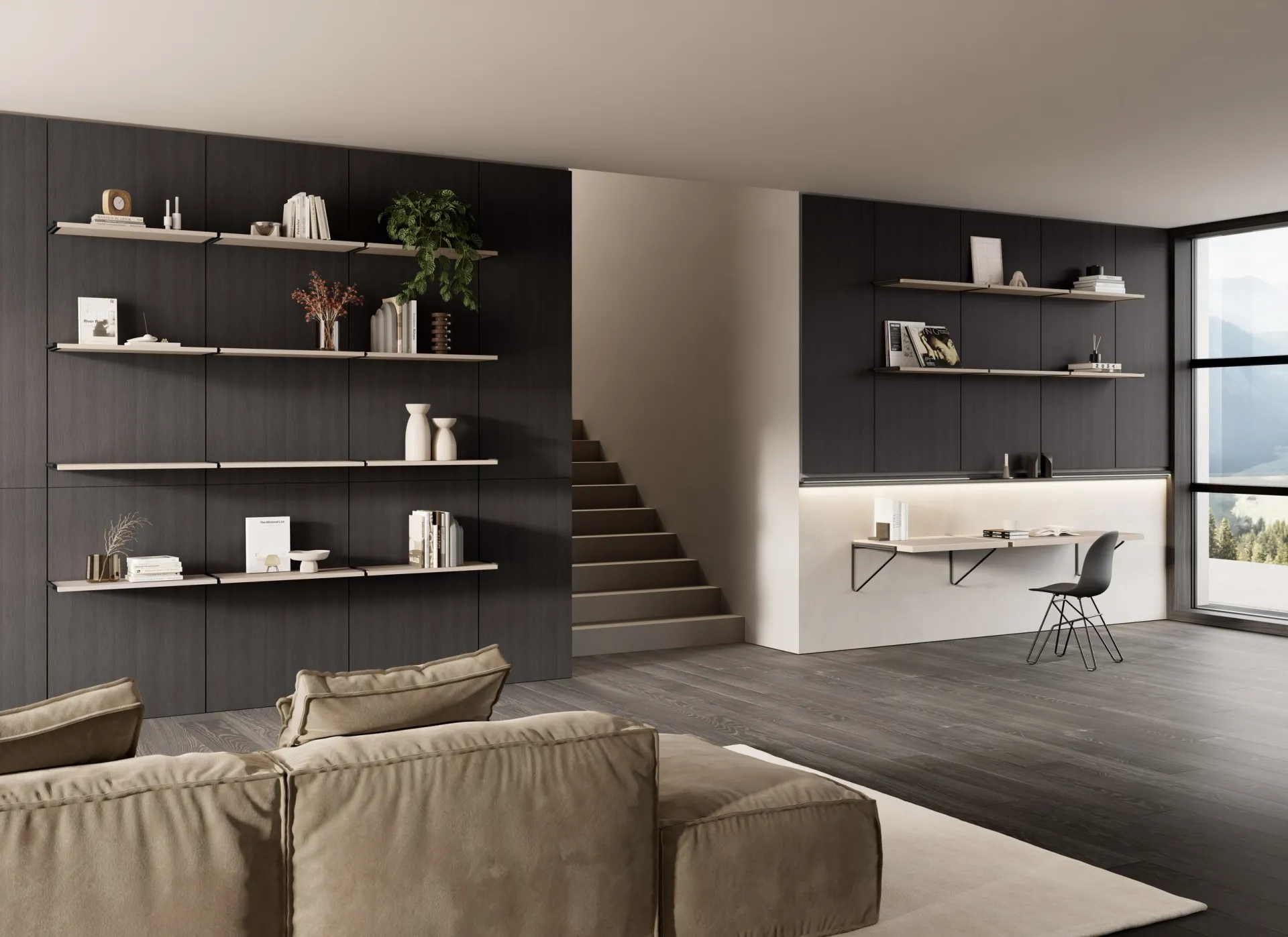 Soggiorno Stilo Scavolini con mensole su sostegni cilindrici fissate a una parete scura e scrivania sotto la scala