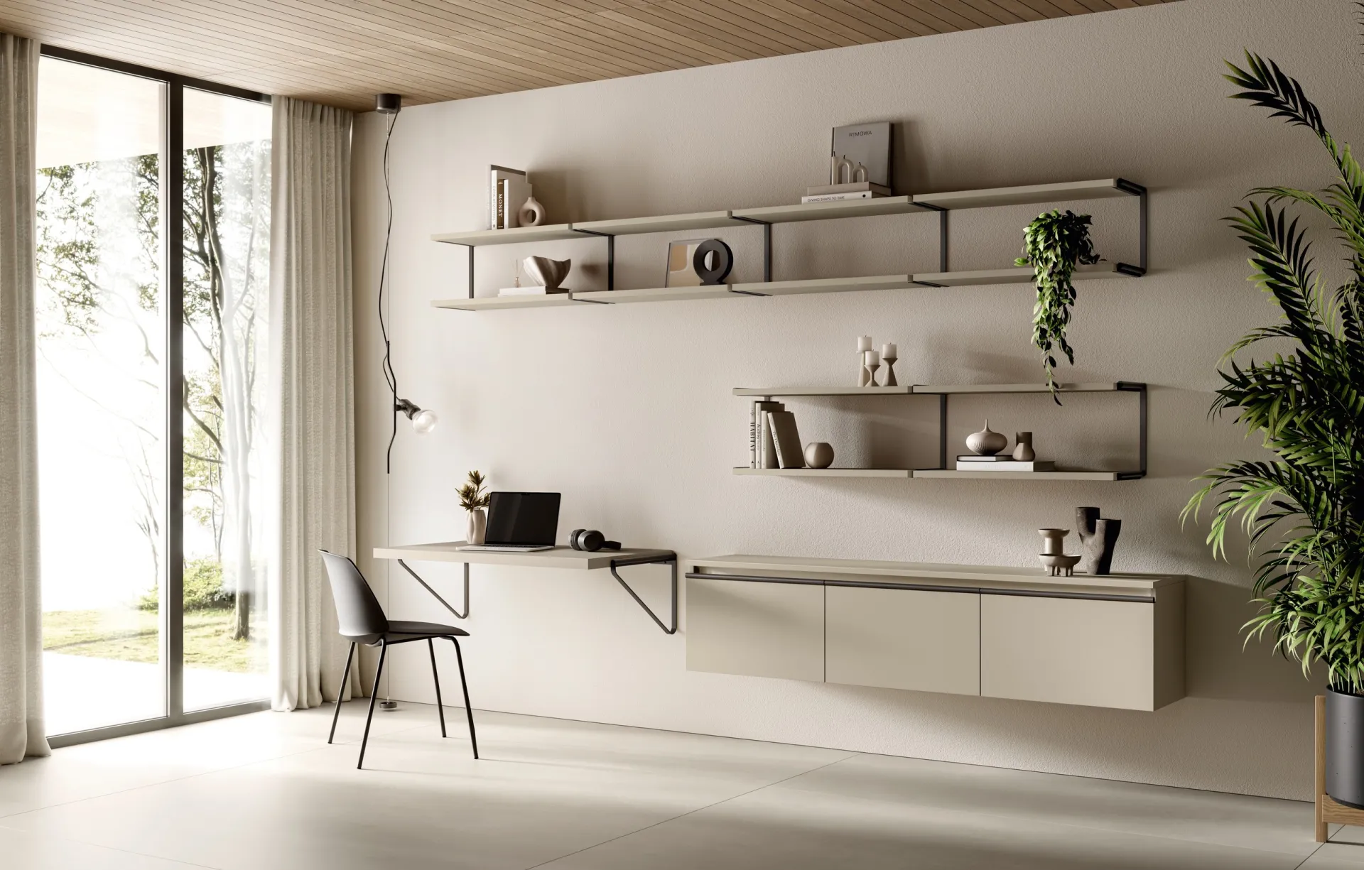 Soggiorno Stilo Scavolini con angolo home office, piano scrivania su sostegno e mensole in decorativo Canapa