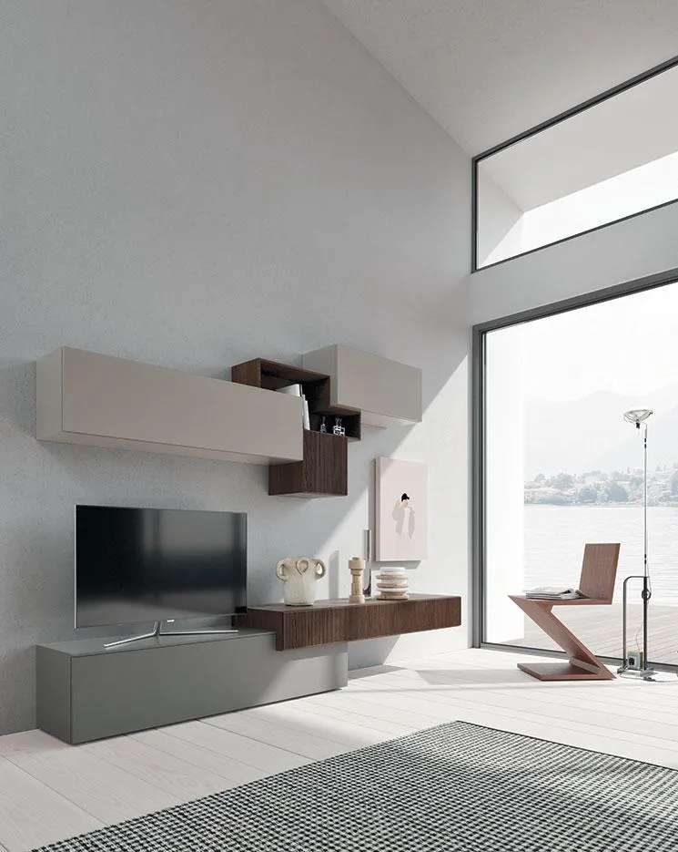 Soggiorno con composizione Horizon 901 BIS MobilGam con mensolone in legno a doghe