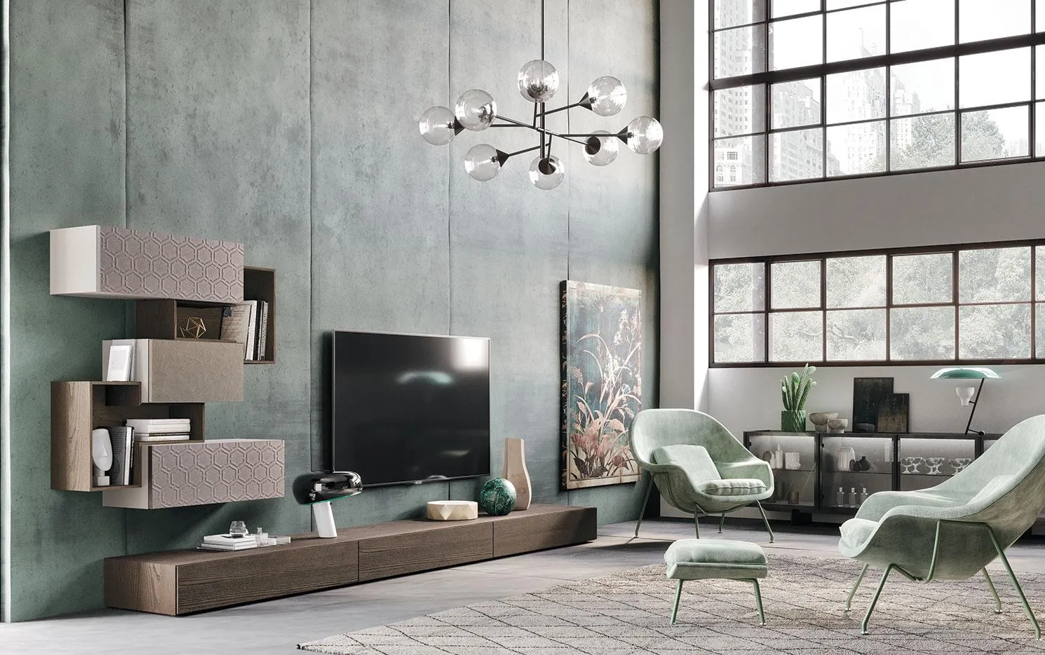 Soggiorno con composizione Horizon 903 MobilGam con pensili tortora a gradini