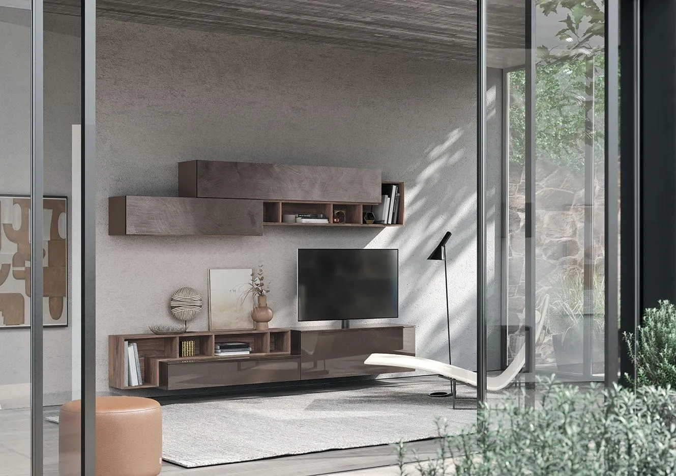 Soggiorno con composizione Horizon 904 MobilGam con pensili effetto pietra e vani in legno
