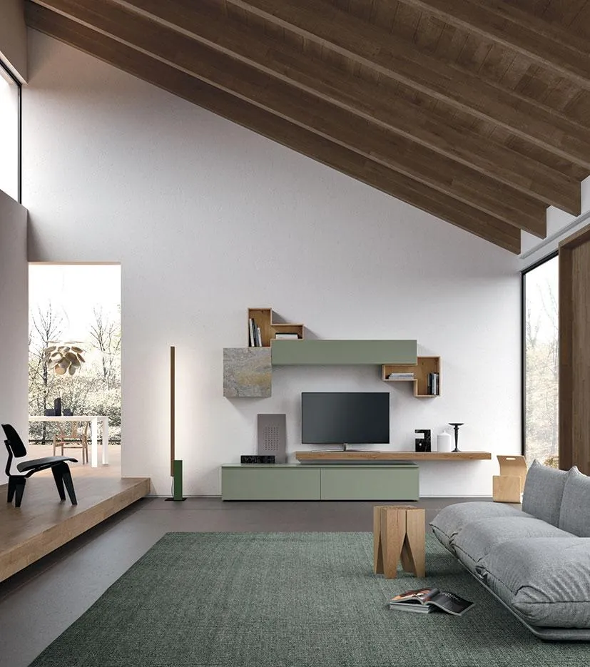 Soggiorno con composizione Horizon 905 MobilGam con ante effetto ardesia e cubi in legno