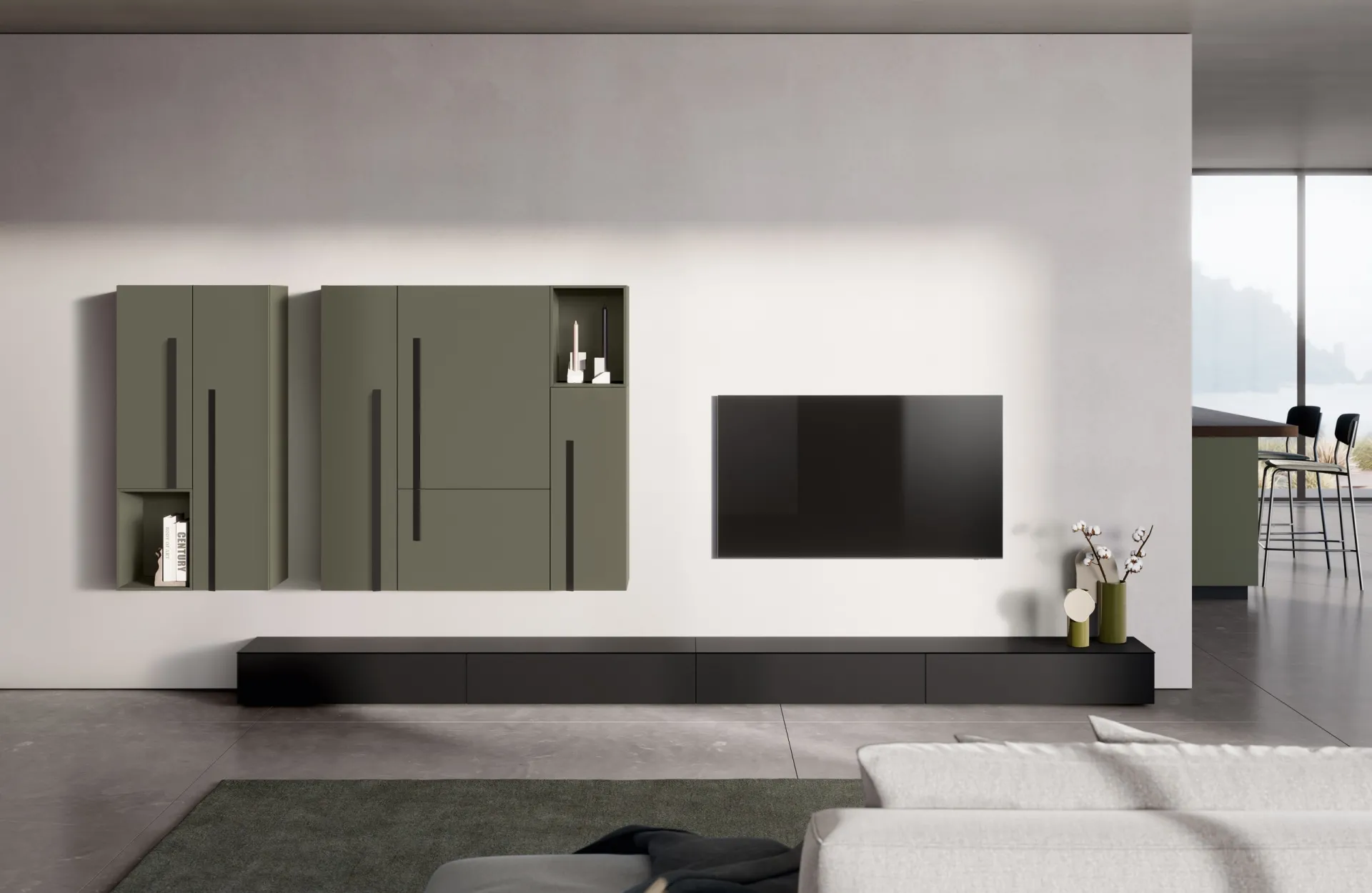 Soggiorno Stilo Scavolini con pensili Verde Minerale a maniglie Vela nere e base bassa Nero Ardesia