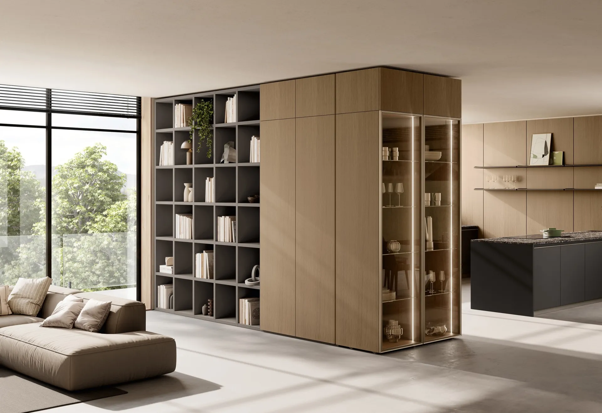 Soggiorno Stilo Scavolini con libreria a giorno scura e armadiatura effetto legno con vetrina illuminata