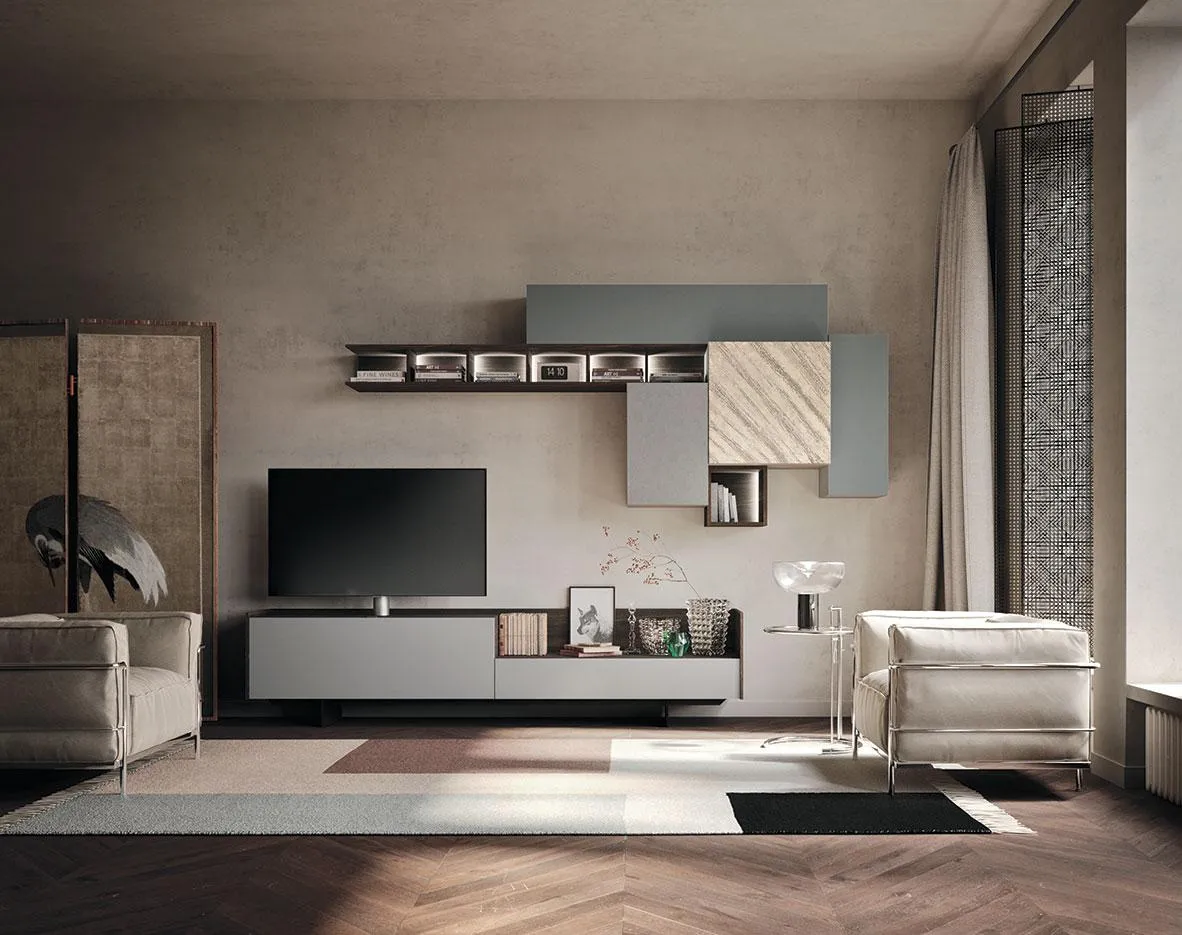 Soggiorno con composizione Horizon 909 MobilGam con anta effetto marmo e fianco in noce