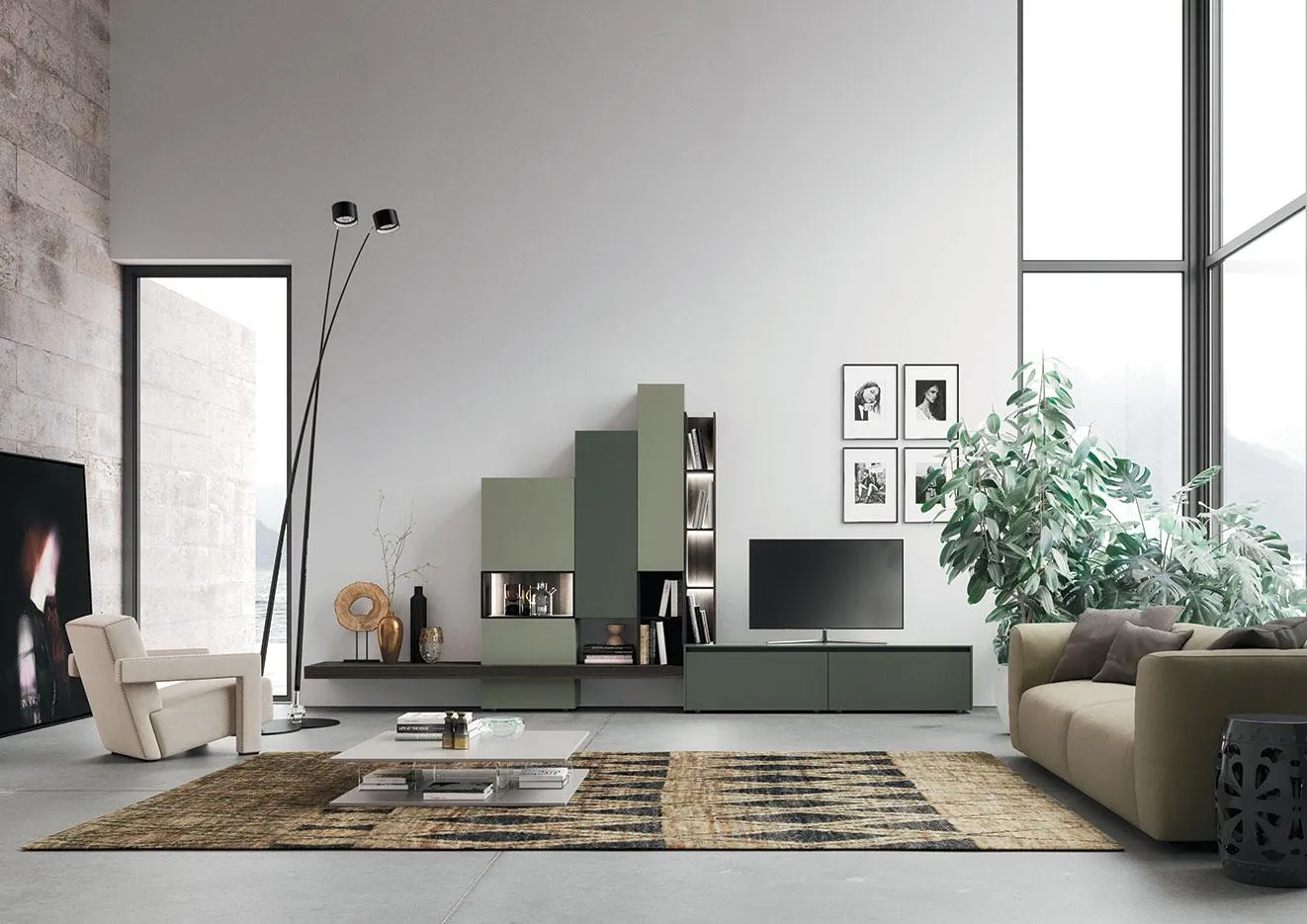 Soggiorno con composizione Horizon 910 MobilGam con elementi verdi a gradoni