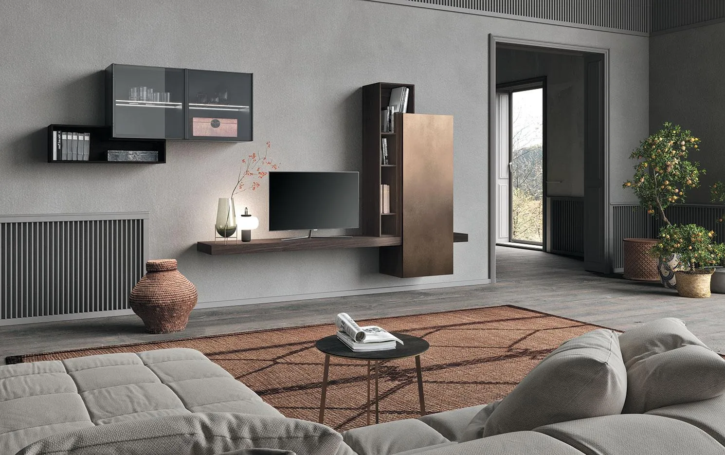 Soggiorno con composizione Horizon 913 MobilGam con pensili antracite e colonna bronzo