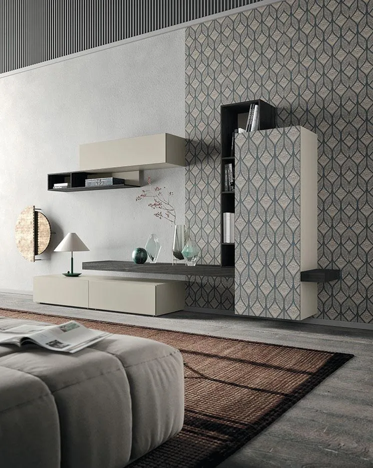 Soggiorno con composizione Horizon 913 BIS MobilGam con pannello decorato a esagoni