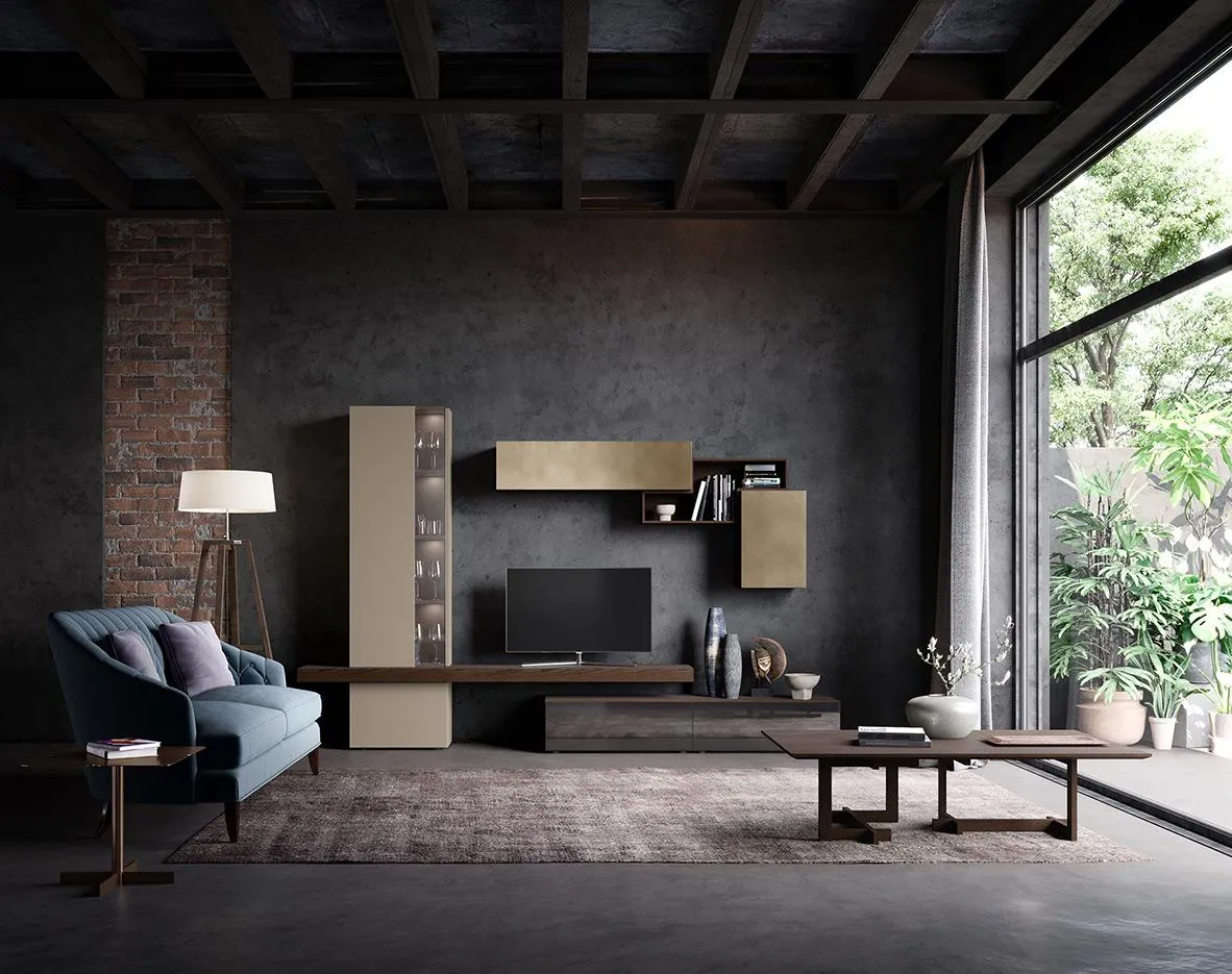 Soggiorno con composizione Horizon 914 MobilGam con colonna tortora e pensili in legno