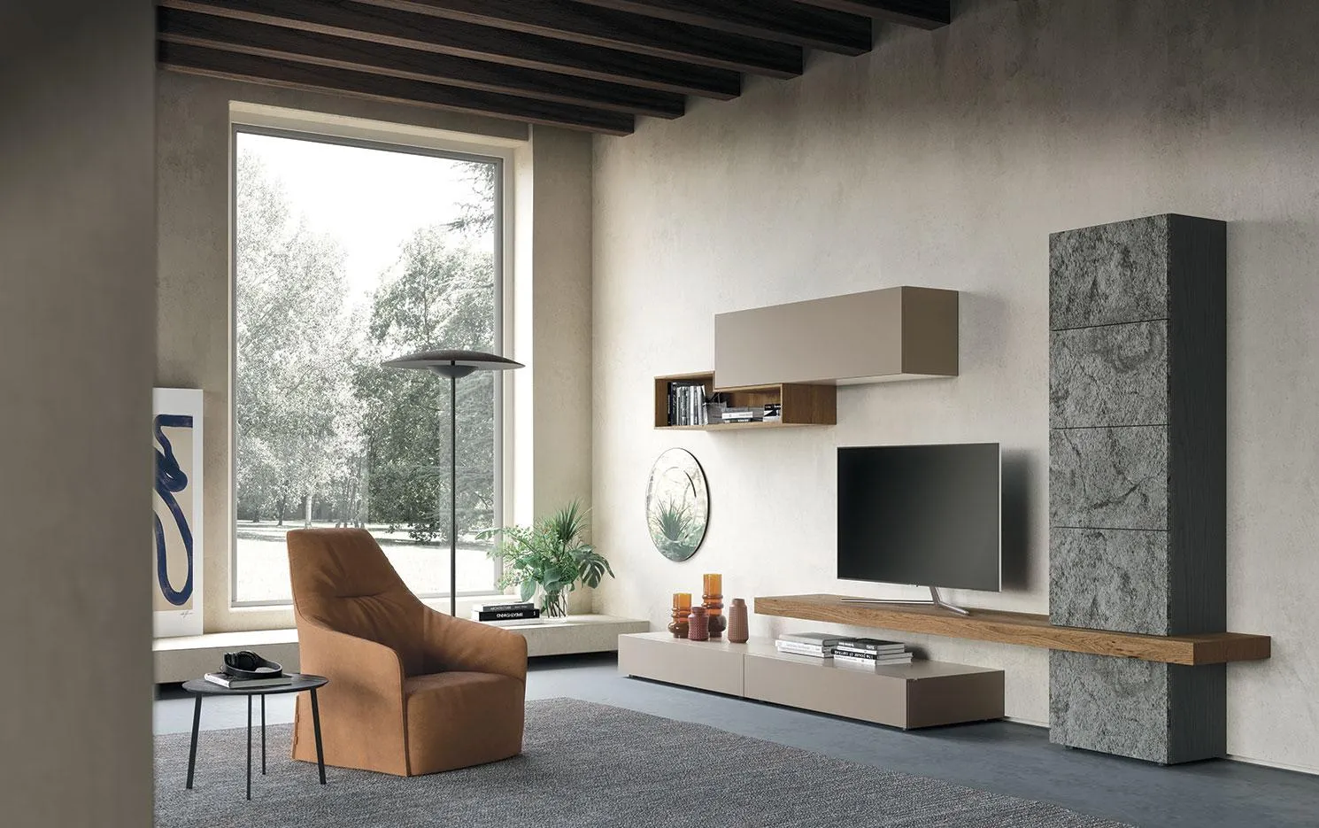Soggiorno con composizione Horizon 915 MobilGam con colonna effetto pietra