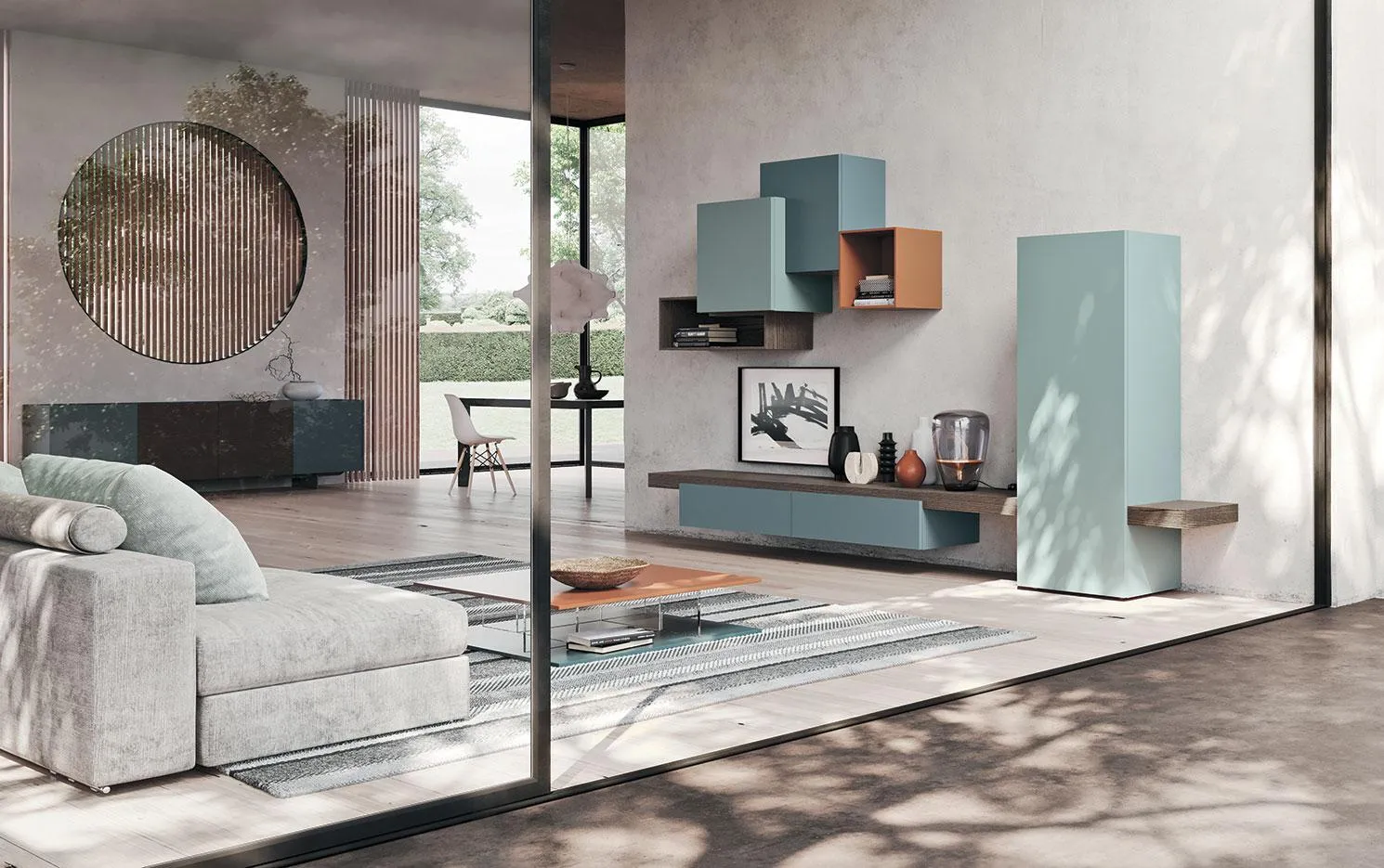 Soggiorno con composizione Horizon 917 MobilGam con pensili azzurri e cubo ruggine