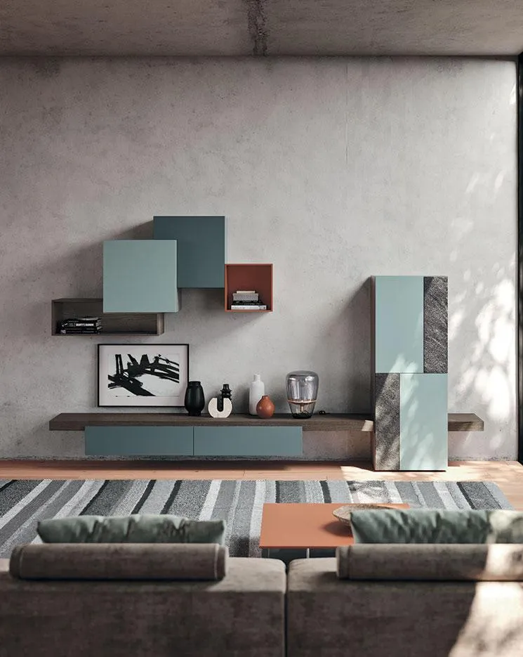 Soggiorno con composizione Horizon 917 BIS MobilGam con colonna azzurra e mensolone in legno