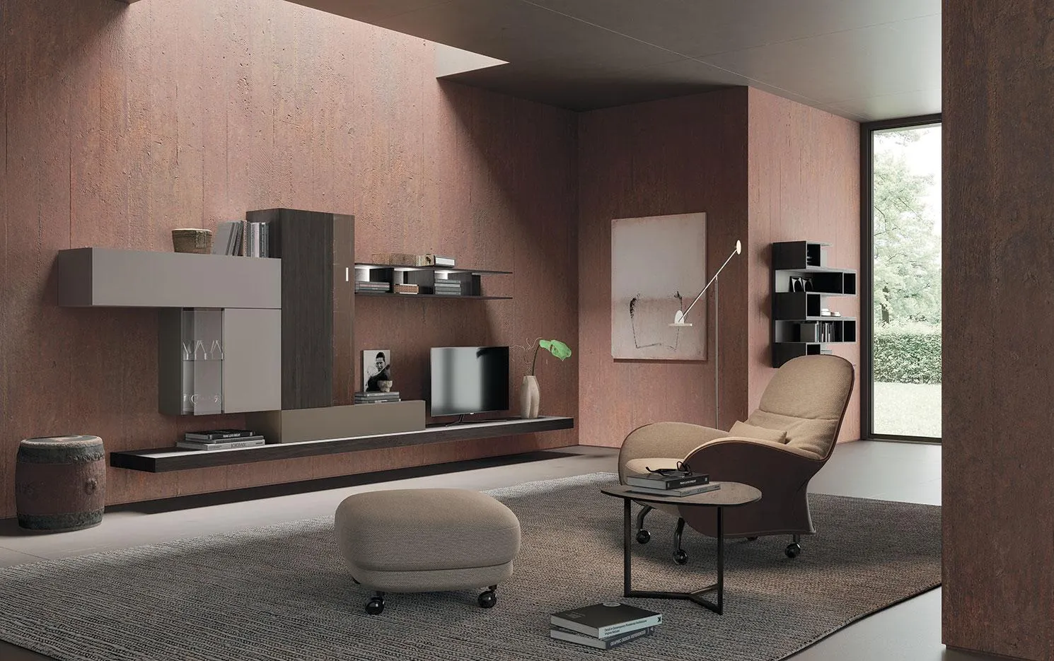 Soggiorno con composizione Horizon 918 MobilGam con base continua e mensolone