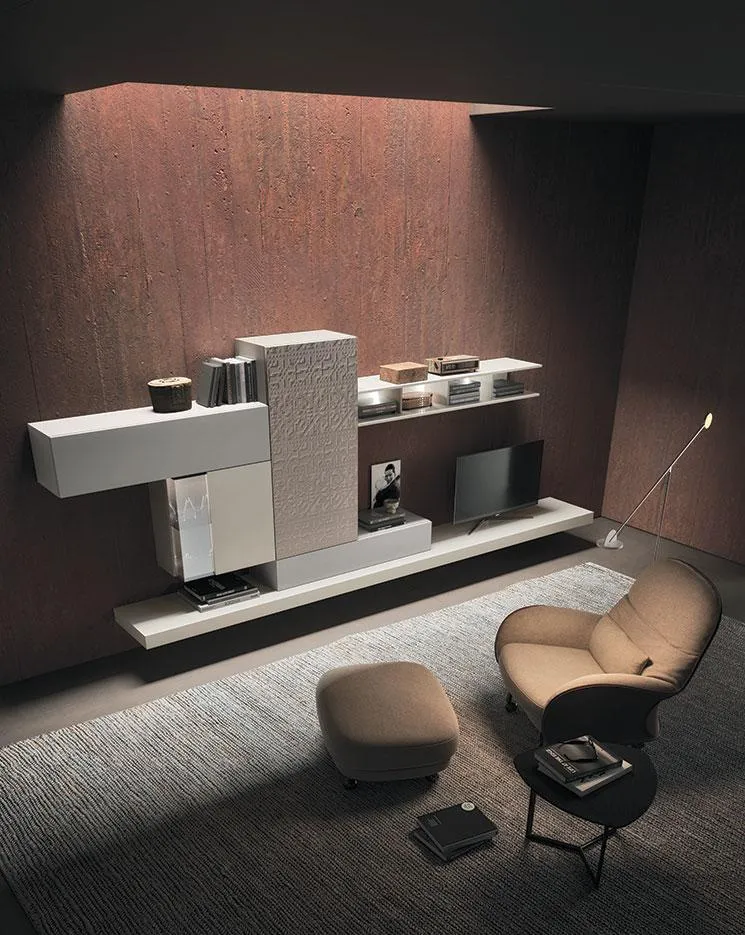Soggiorno con composizione Horizon 918 BIS MobilGam con colonna con frontale in rilievo