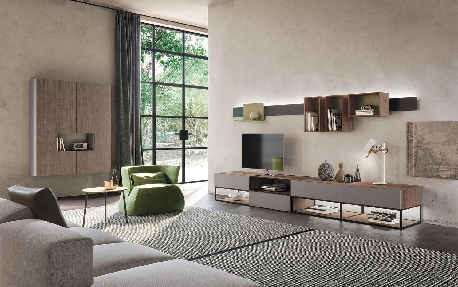 Soggiorno con composizione Horizon 919 MobilGam con boiserie in legno e mensola illuminata