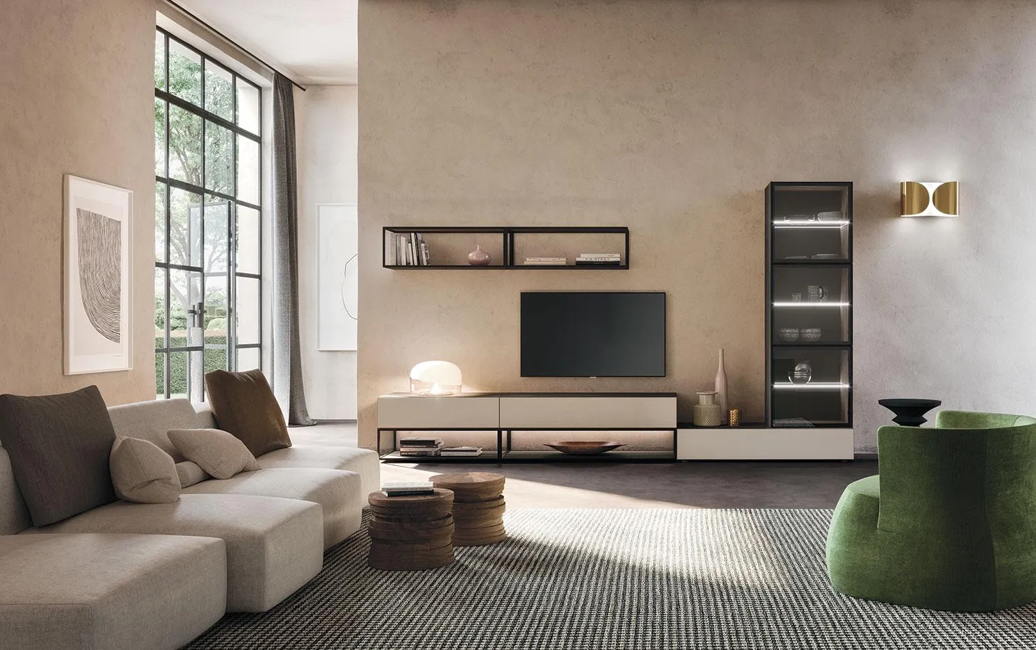 Soggiorno con composizione Horizon 920 MobilGam con vetrine a telaio metallico