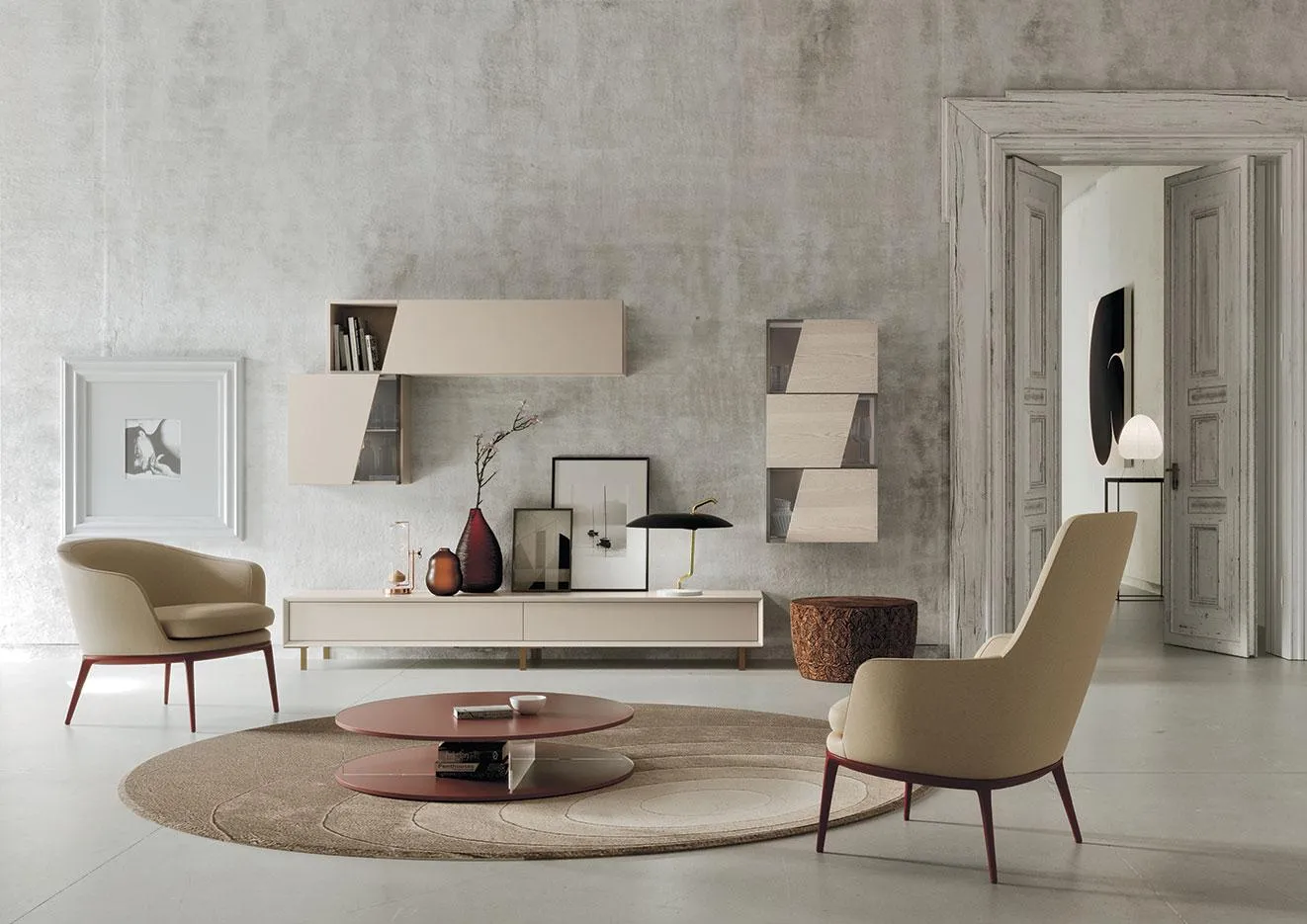 Soggiorno con composizione Horizon 924 MobilGam con pensile effetto legno grezzo